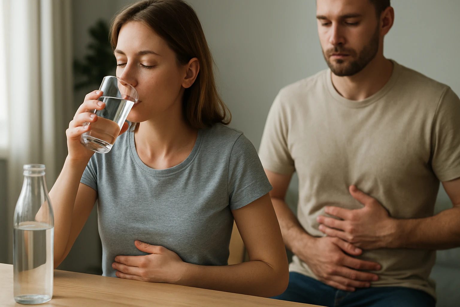 Egy nő vízzel teli poharat iszik, míg egy férfi a hasát fogja.