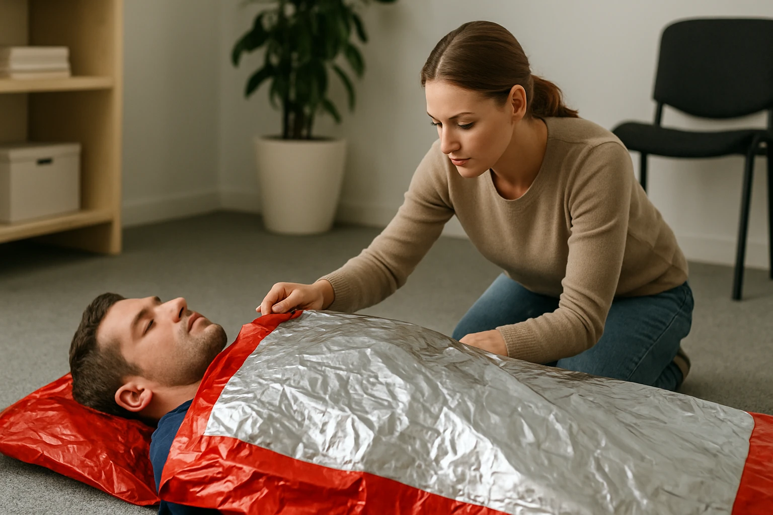 Egy nő segít egy férfinak, aki egy hőszigetelő takaró alatt fekszik.