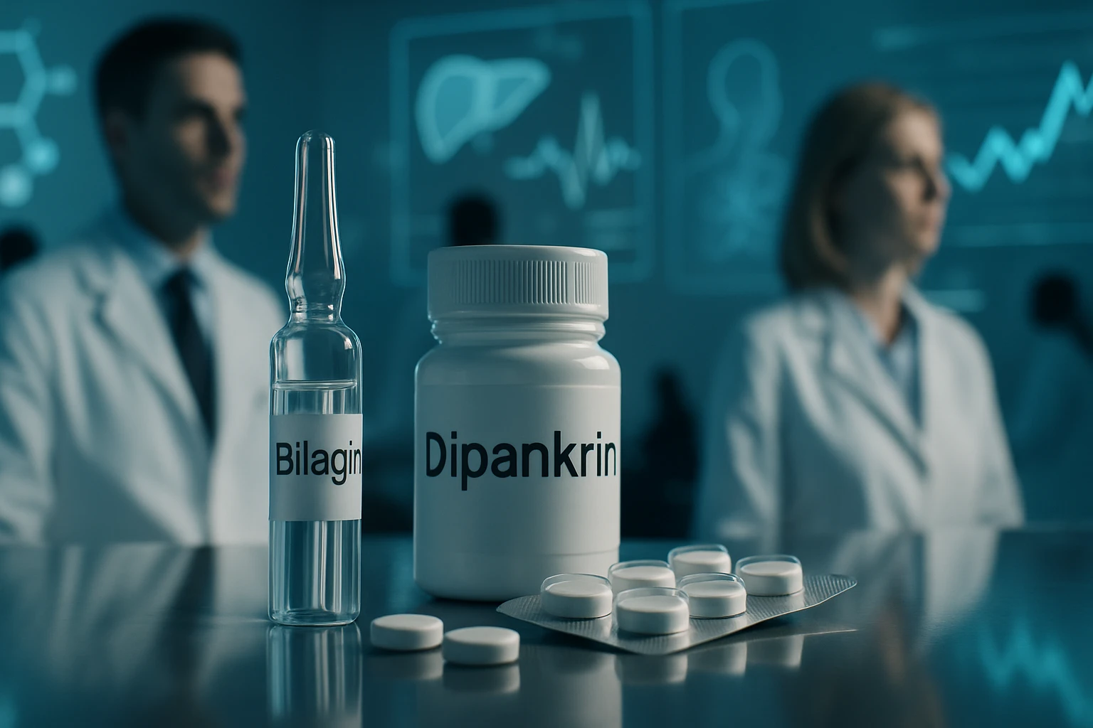 Két gyógyszer, Bilagin ampulla és Dipankrin tabletták laboratóriumi környezetben.