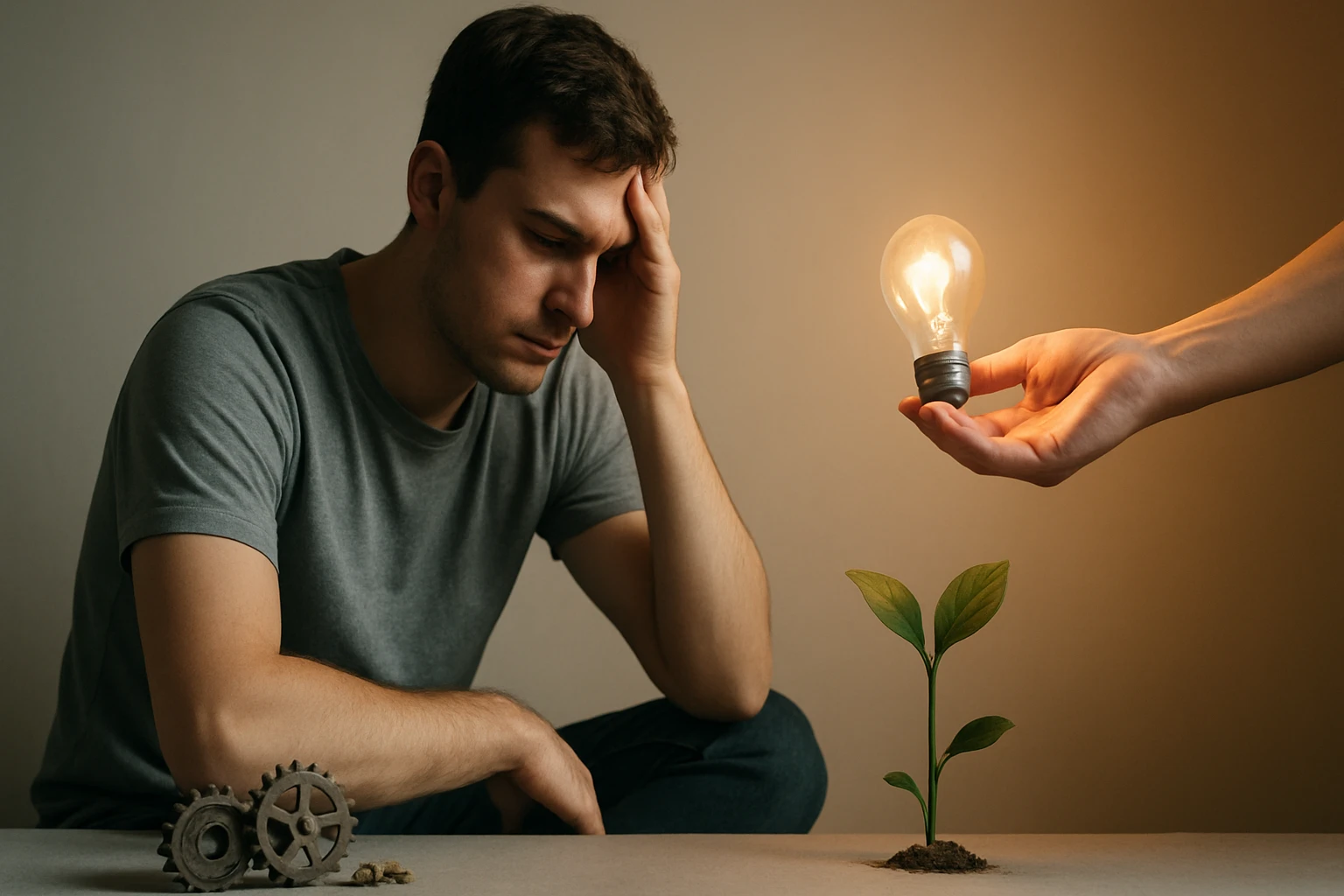 Egy fiatal férfi gondolkodik, miközben egy világító izzót tartanak felé, mellette egy növény.