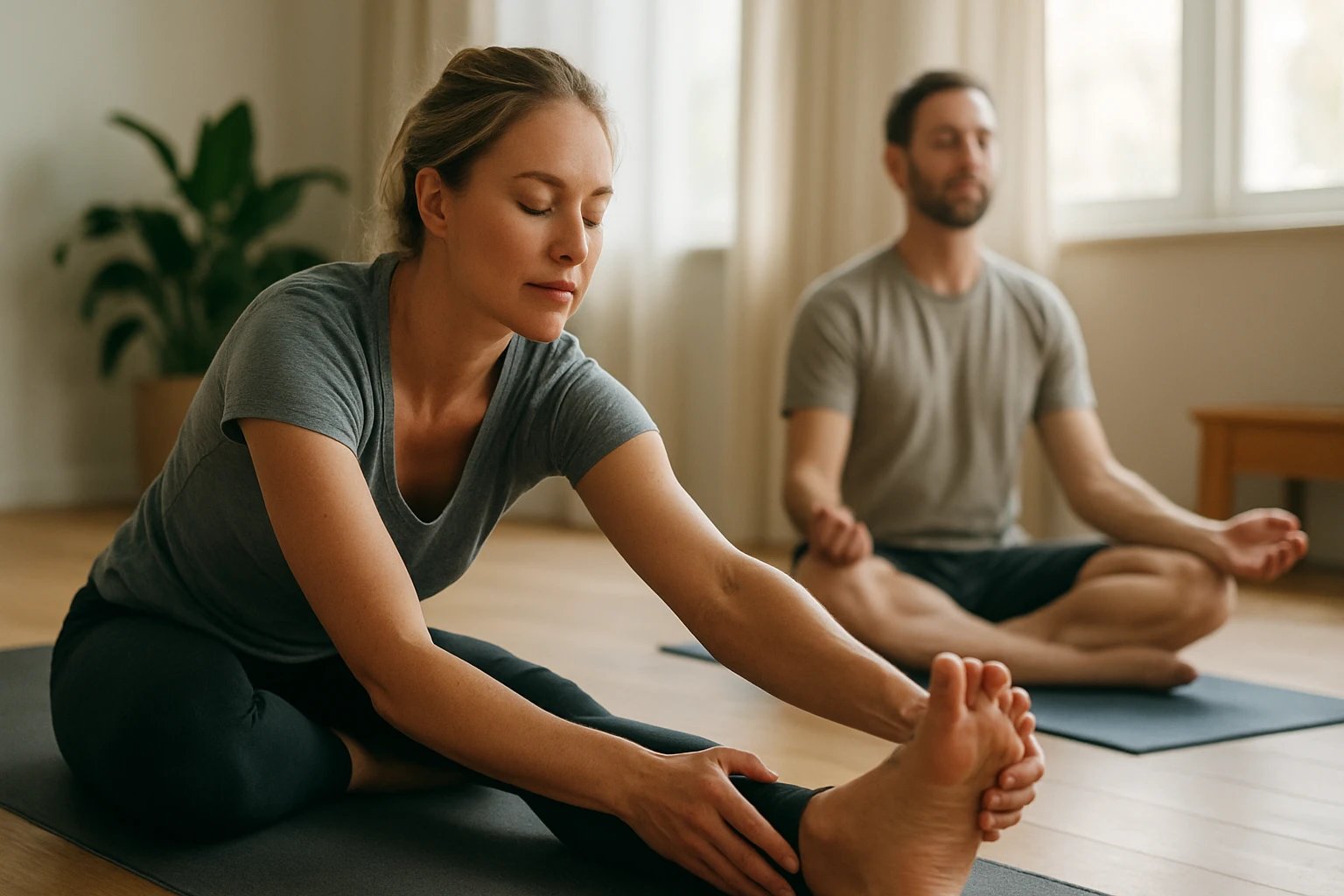 Két ember jógázik egy világos szobában, az egyik nyújtózik, a másik meditál.