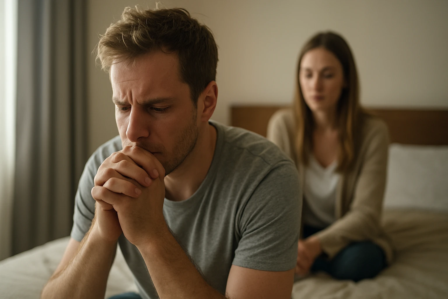 Egy férfi szomorúan gondolkodik, míg egy nő háttérben ül mellette.