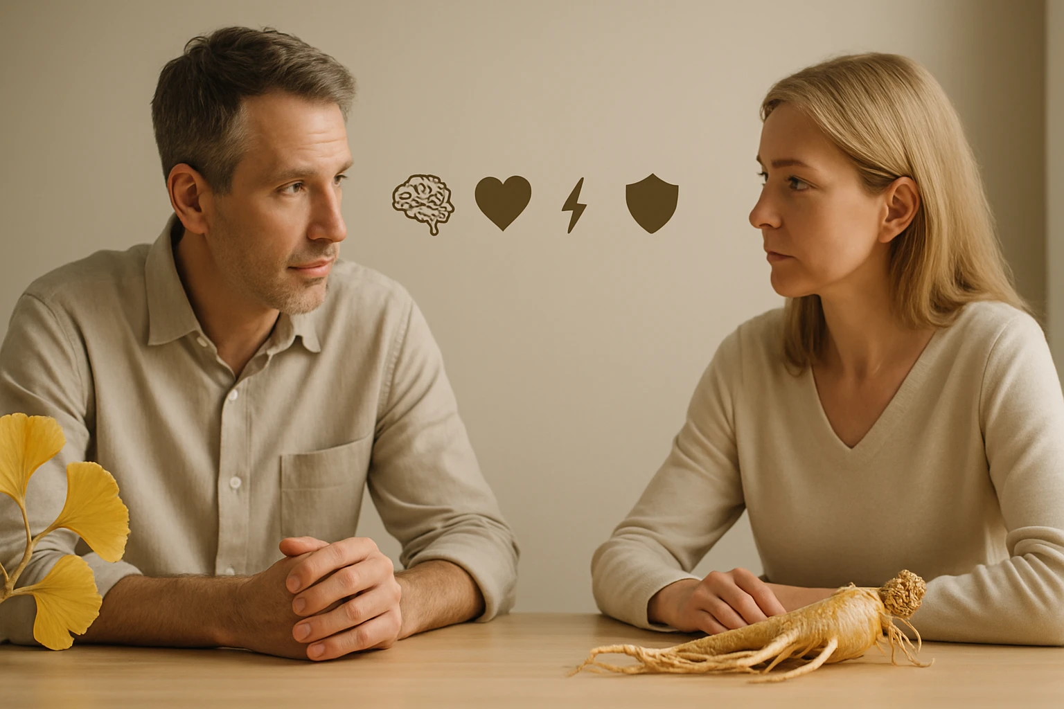 Két ember ül egy asztalnál, figyelmesen beszélgetve, előttük gyógynövényekkel.