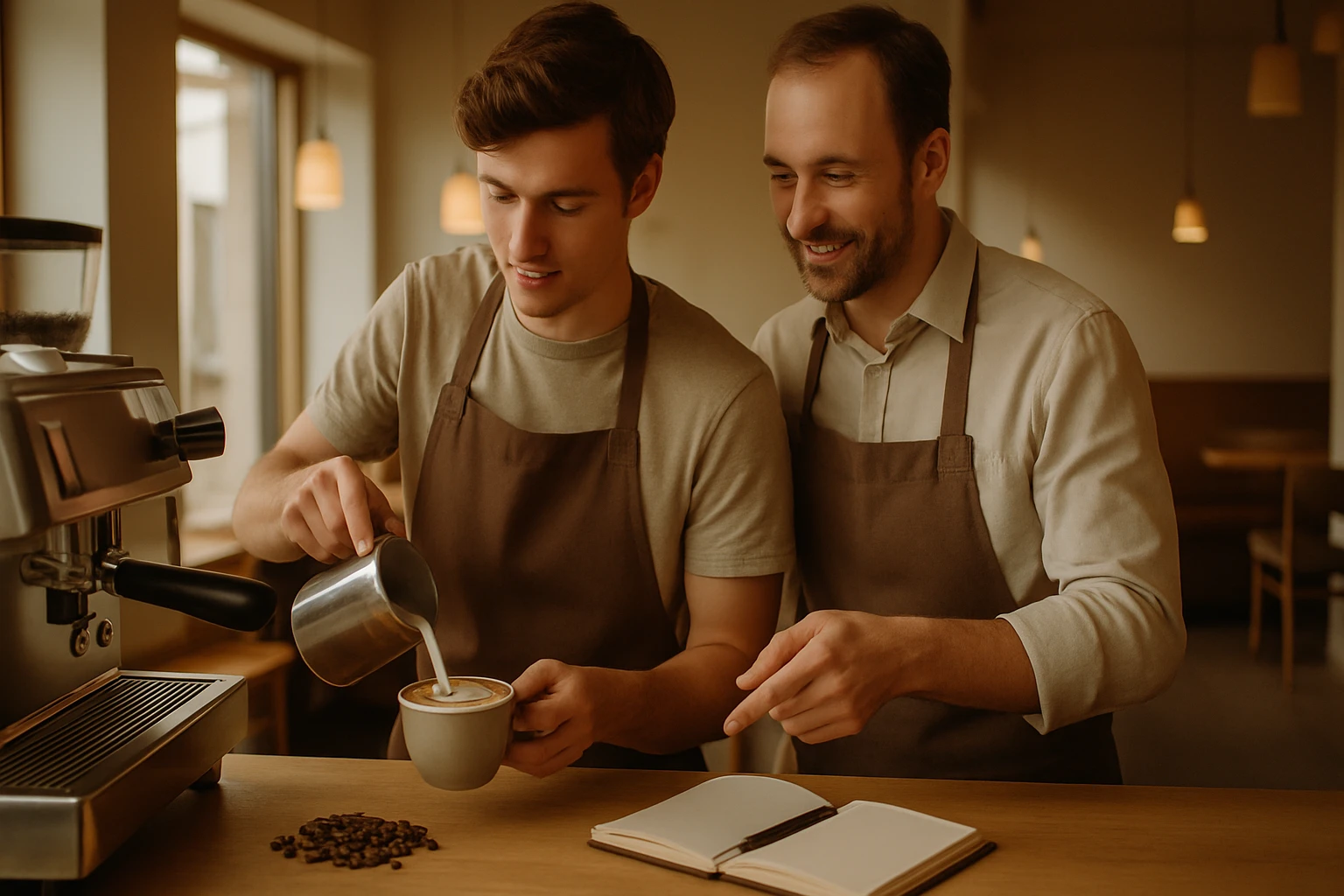 Két barista kávét készít egy kávézóban, az egyik tejhabot önt a csészébe.
