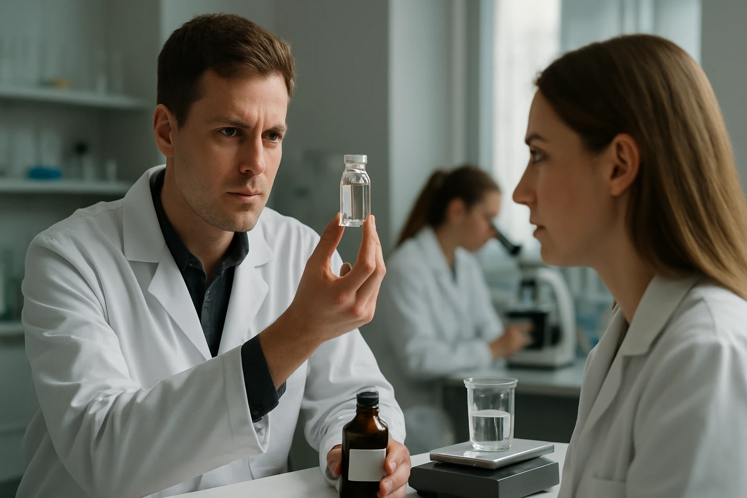 Két kutató laboratóriumban, az egyik üveg ampullát vizsgál.