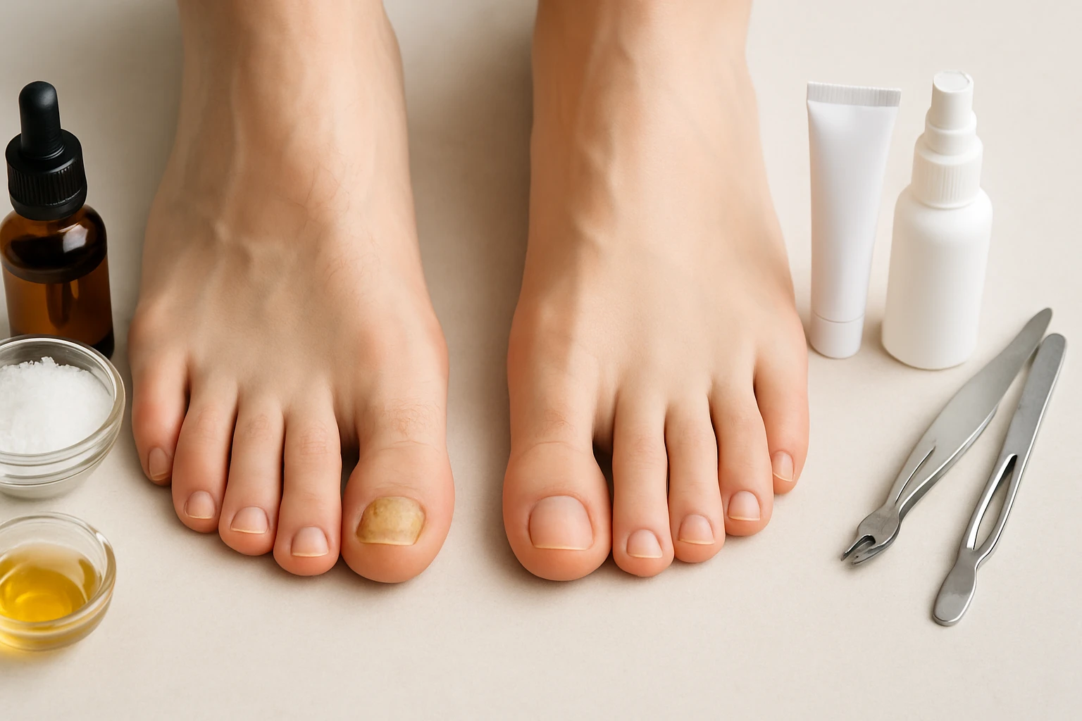 Két lábujj, az egyik sárgás körömmel, körülötte lábápolási eszközök és olajok.