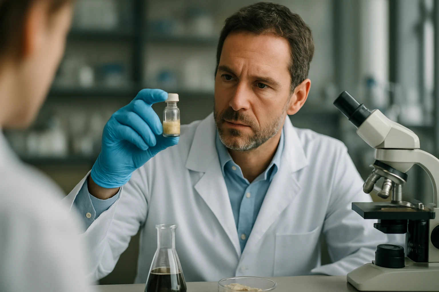 Egy laboratóriumi szakember kék kesztyűben egy üvegcsét vizsgál, miközben a mikroszkóp előtt ül.