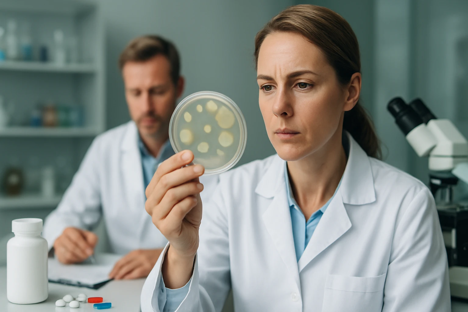 Két laboratóriumi szakember, akik egy petri csészét vizsgálnak, figyelmesen elemzik az eredményeket.