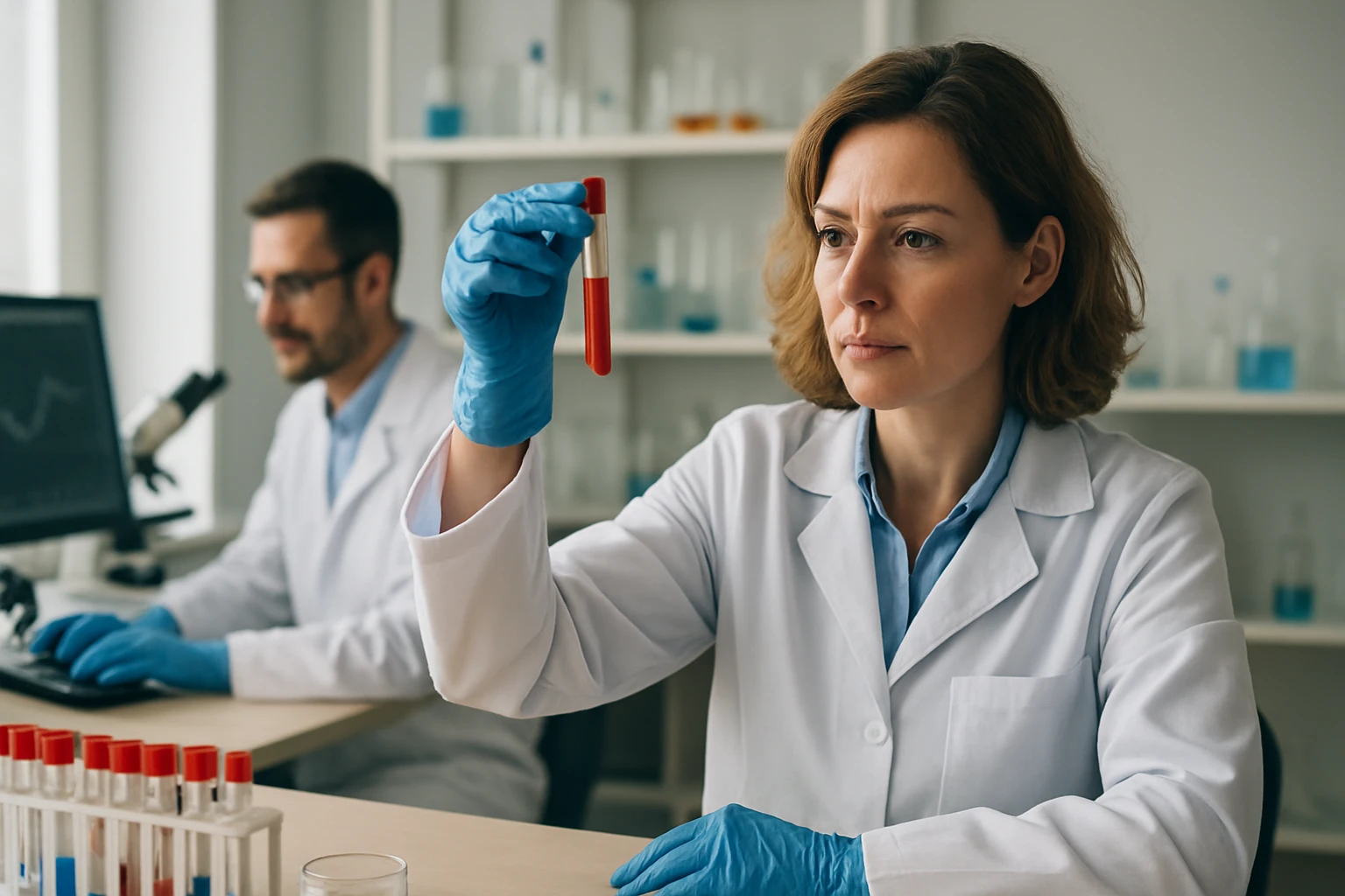 Egy női kutató laboratóriumban vörös kémcsövet vizsgál, miközben egy férfi háttérben dolgozik.