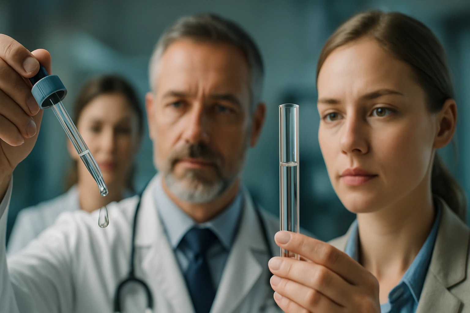 Két orvos laboratóriumban, pipettát és kémcsövet tartanak a kezükben.