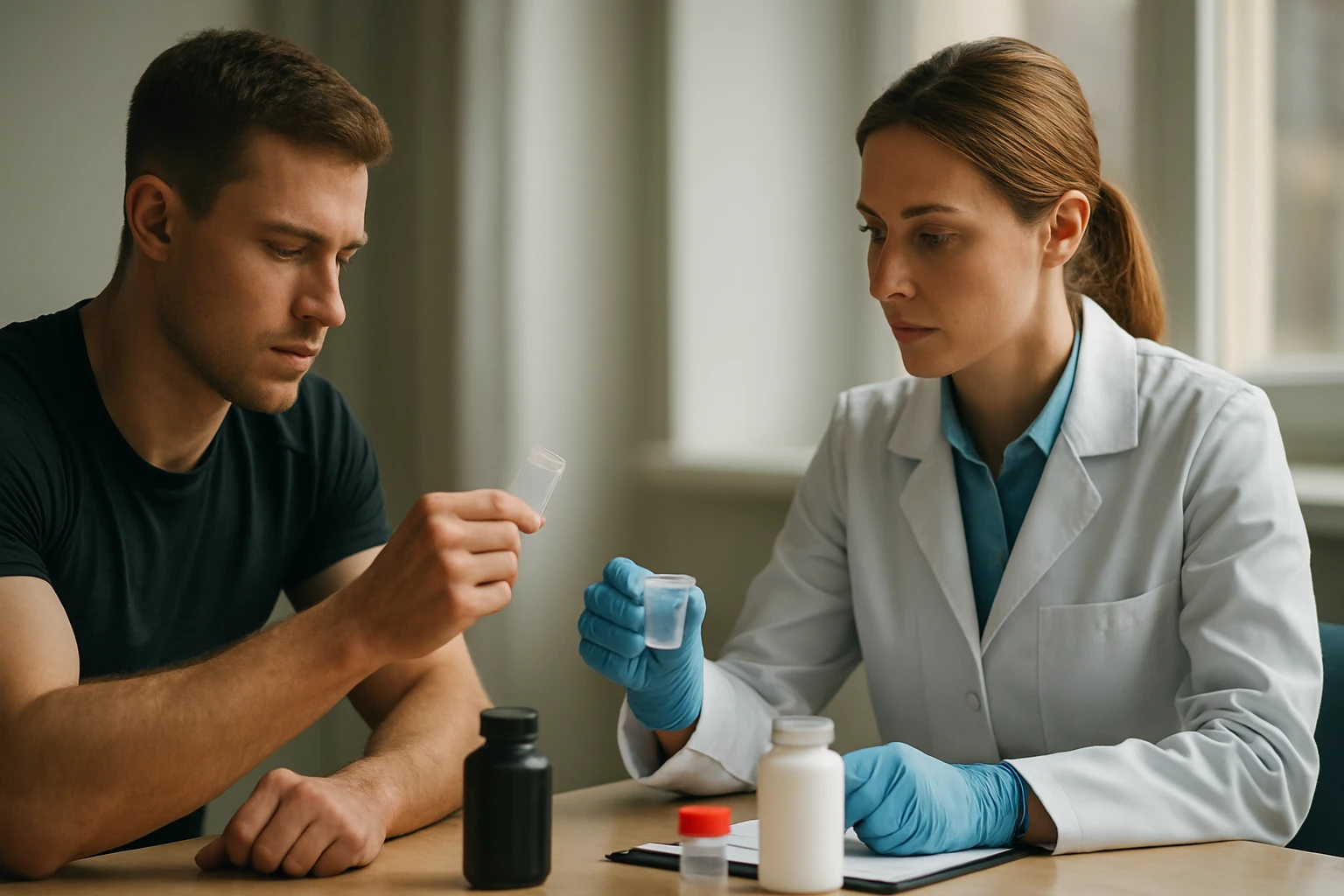 Egy orvos és egy férfi ülnek egy asztalnál, laboratóriumi mintákat vizsgálnak.