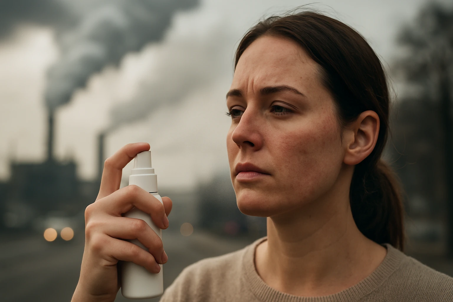 Egy nő arcán aggodalom látszik, miközben légfrissítőt használ szennyezett levegőben.