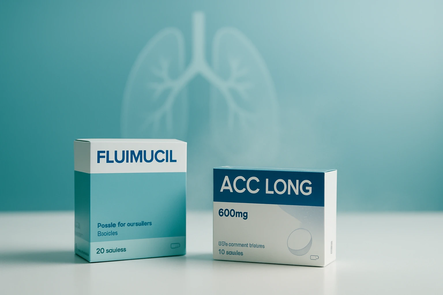Két gyógyszer doboza, FLUIMUCIL és ACC LONG, háttérben tüdősziluett.