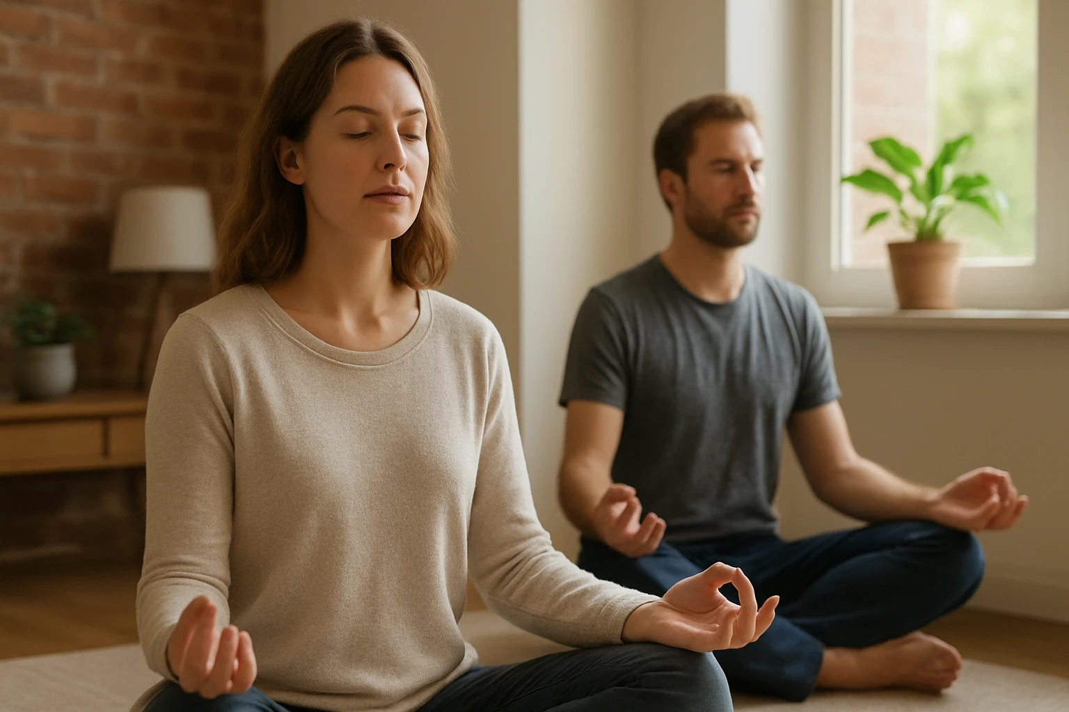 Két ember meditál egy világos, otthonos szobában, nyugodt légkörben.