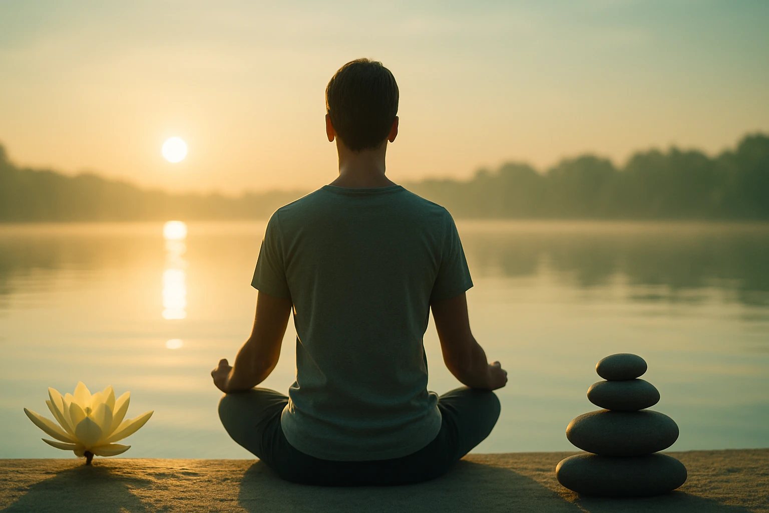 Egy férfi meditál a vízparton, háttérben napfelkeltével és kövekből épített toronnyal.