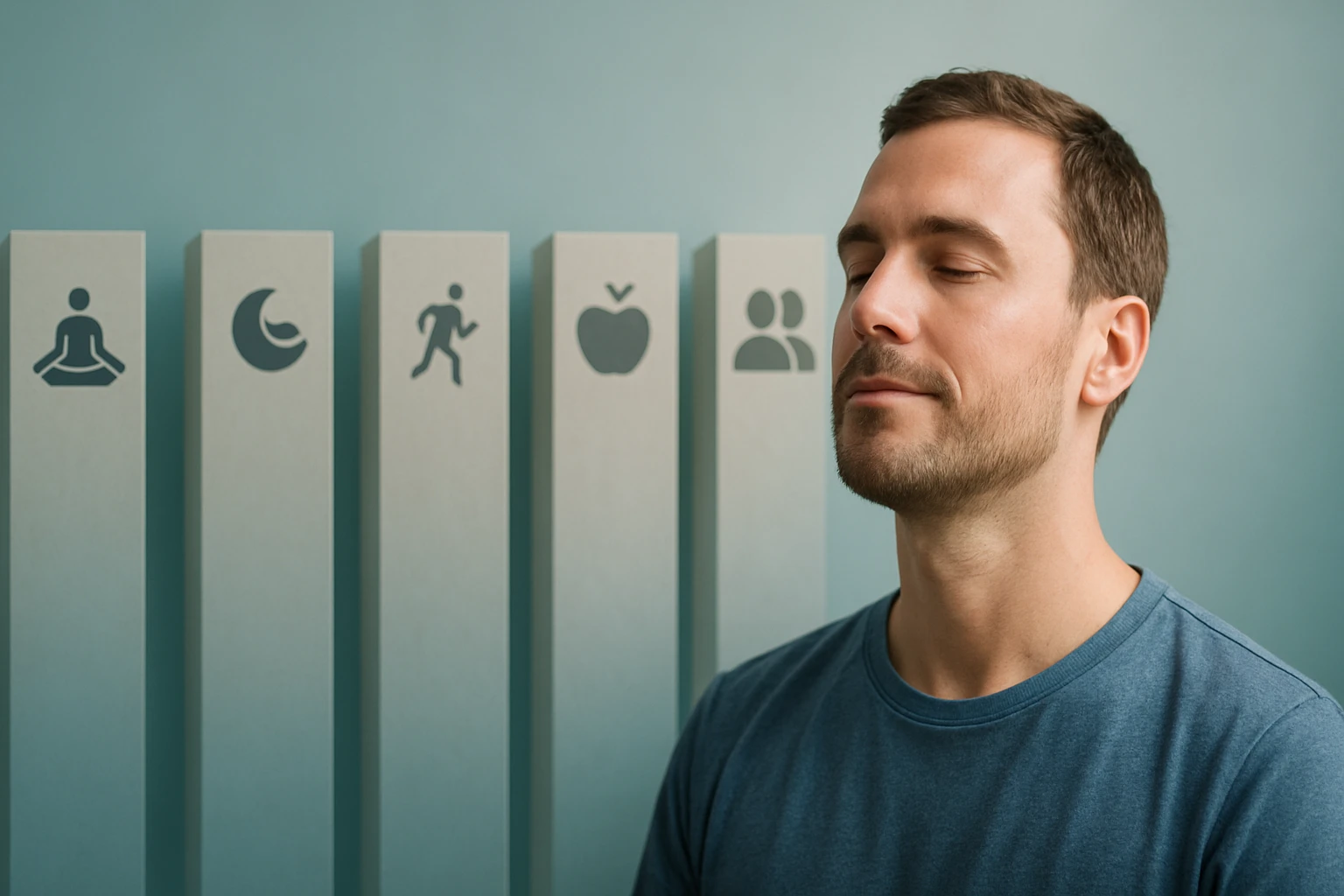 Egy férfi meditál, mögötte egészséges életmódot szimbolizáló ikonokkal.