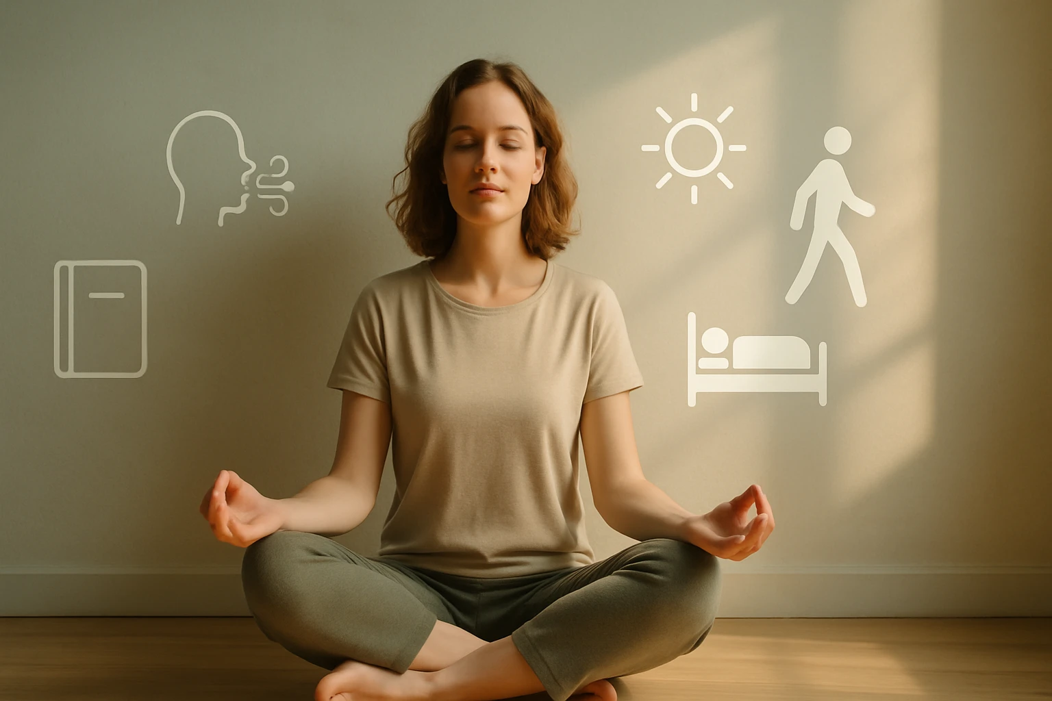 Egy fiatal nő meditál, körülötte egészséges életmóddal kapcsolatos ikonok láthatók.