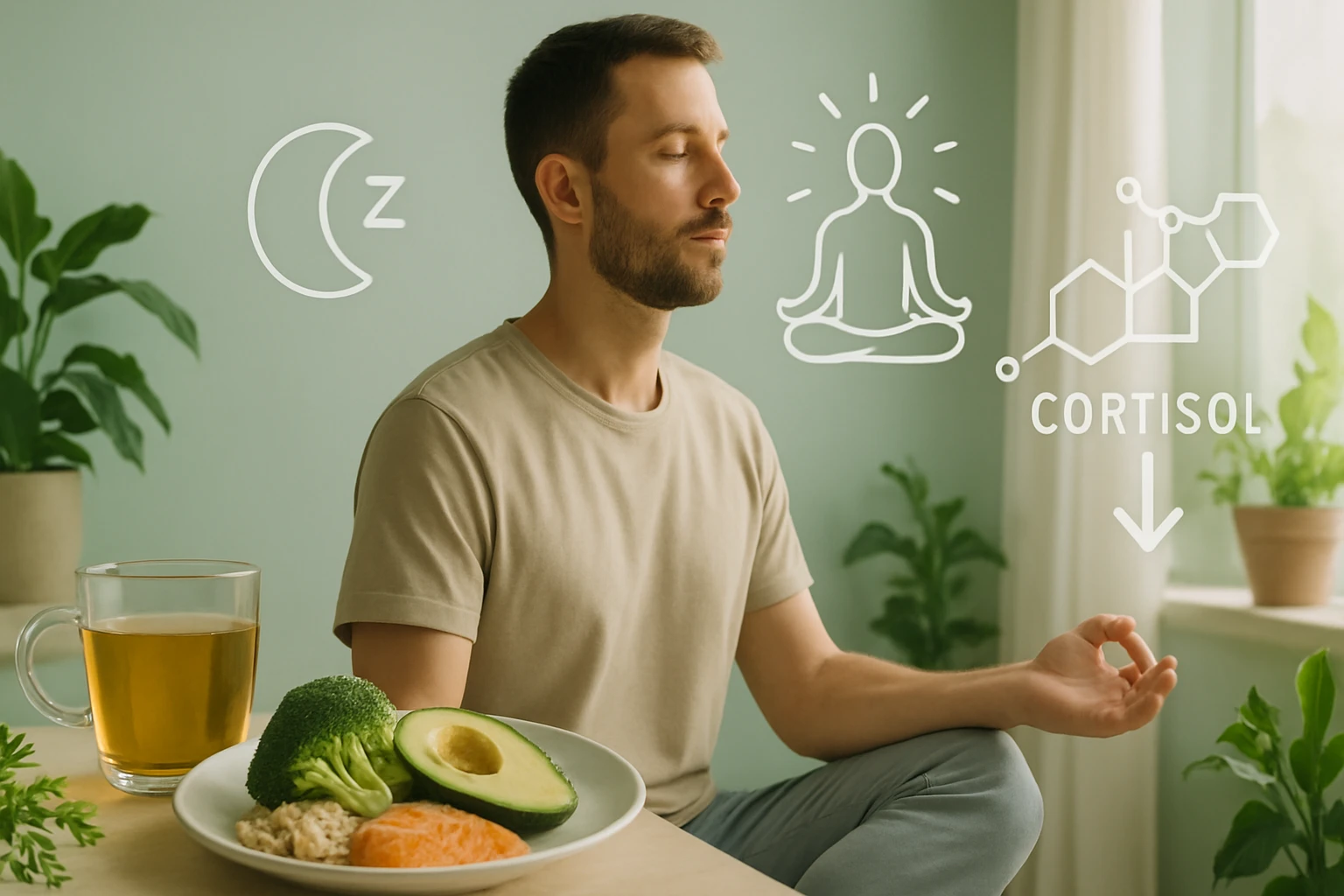 Egy férfi meditál, mellette egészséges ételek és növények láthatók.