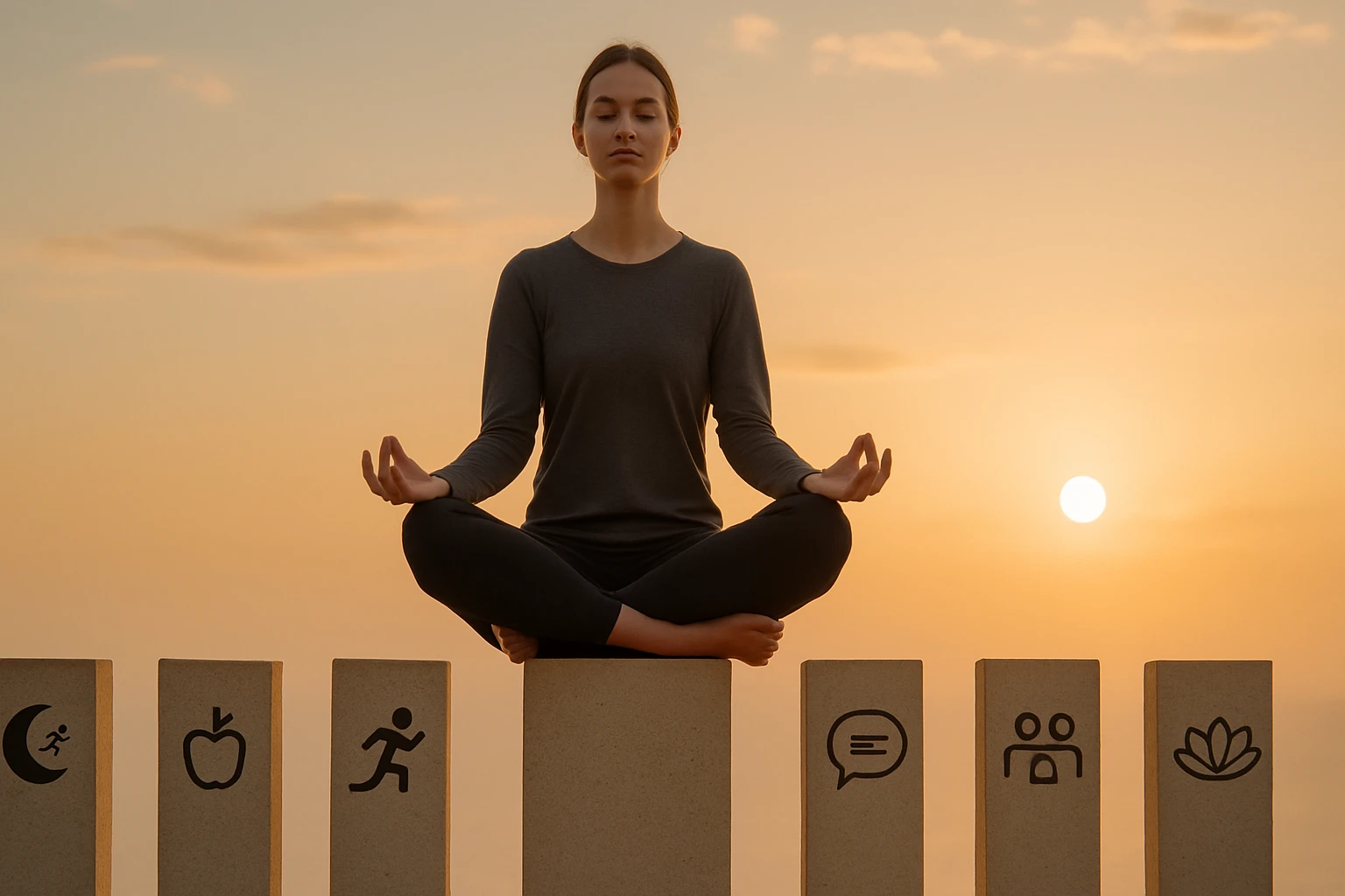 Egy nő meditál a naplementében, szimbólumokkal ellátott oszlopok között.