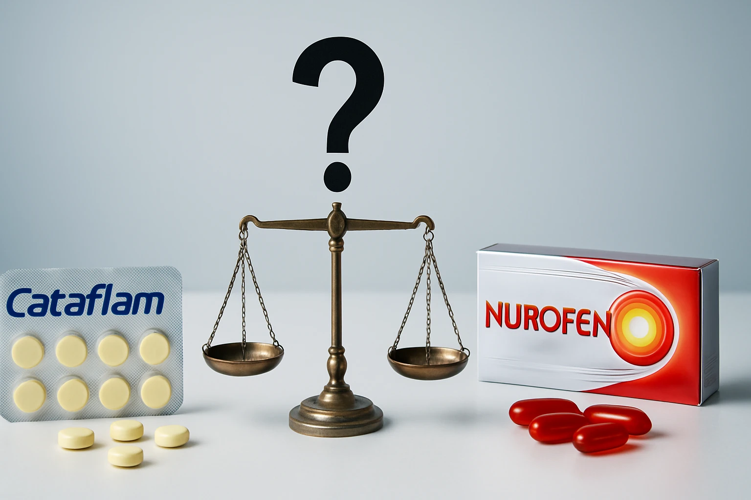Két gyógyszer, a Cataflam és a Nurofen, egy mérlegen, kérdőjellel a háttérben.