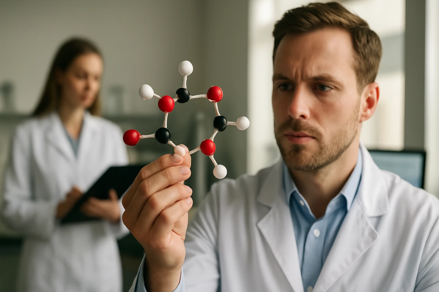 Egy férfi laboratóriumban egy molekulamodelt vizsgál, miközben egy nő háttérben jegyzetel.