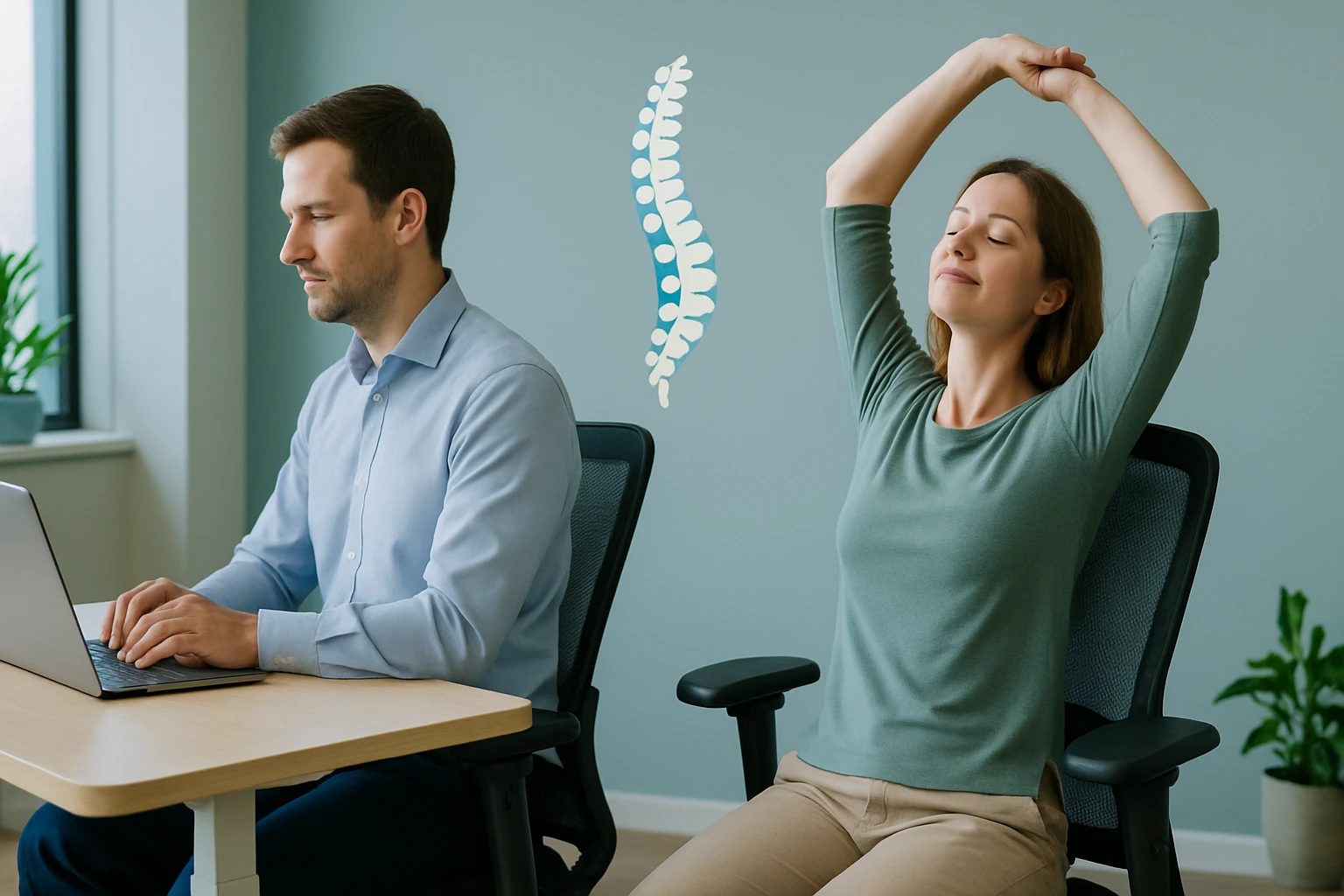 Egy nő relaxál a munkahelyén, míg egy férfi gépel a laptopján.