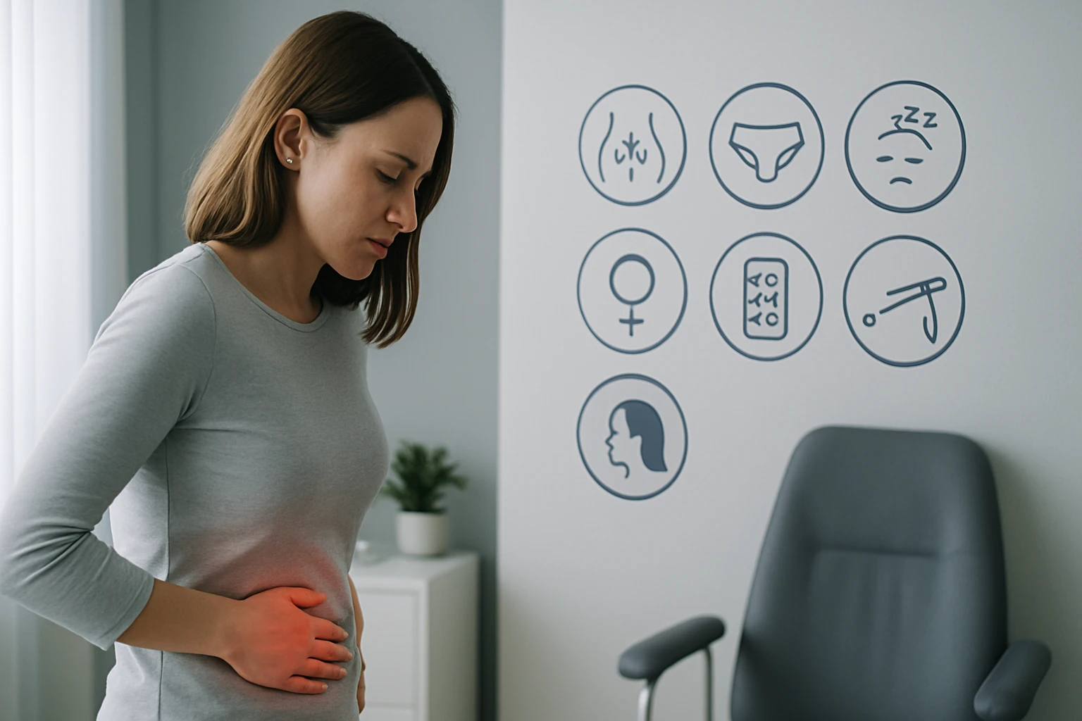 Egy nő fájdalmas arccal, a hasát fogva áll egy szobában.