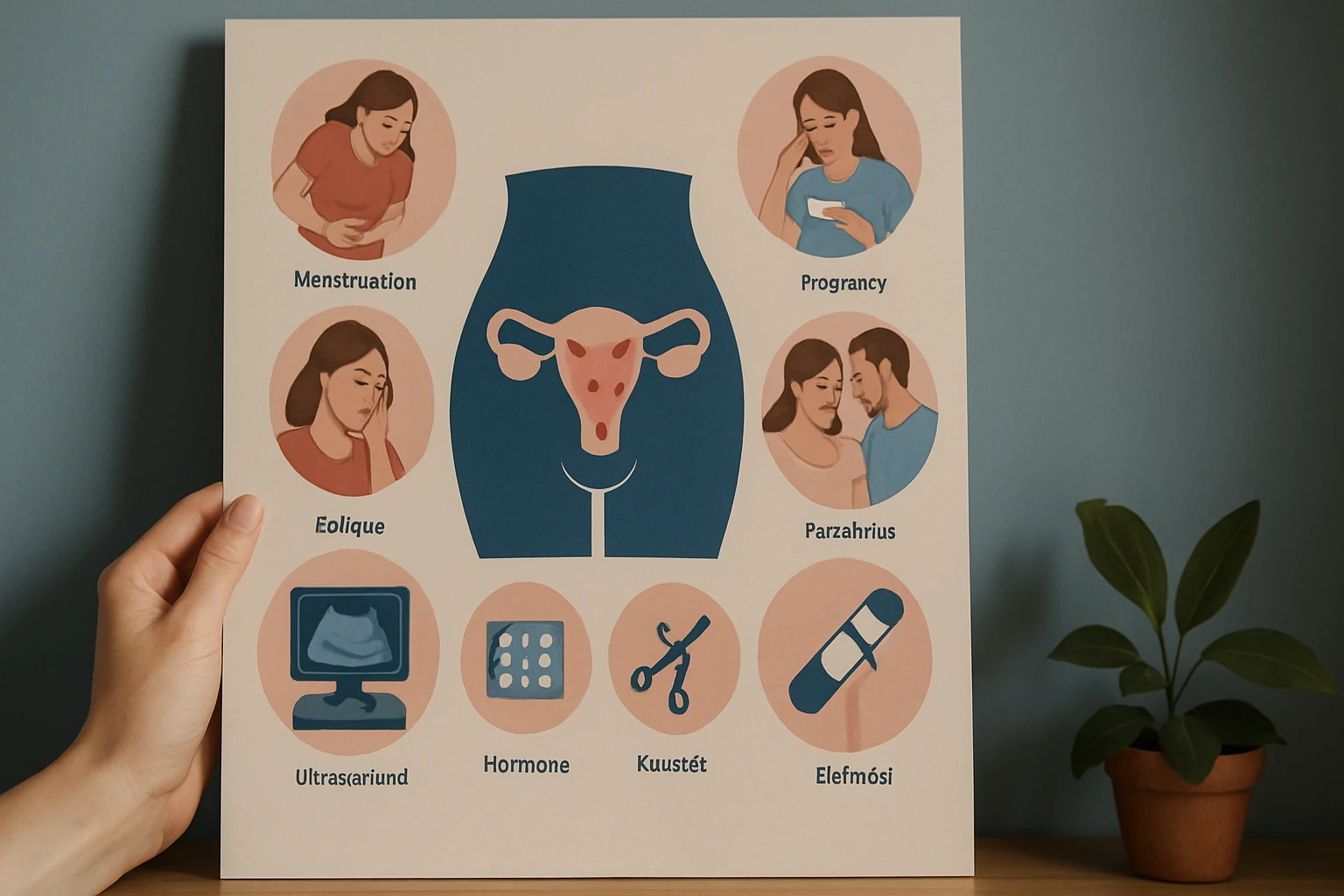Egy illusztráció a női reproduktív egészségről, különböző témákkal.