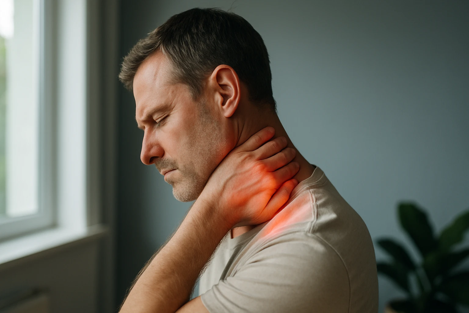 Egy férfi fájdalmas arckifejezéssel a nyakát masszírozza.