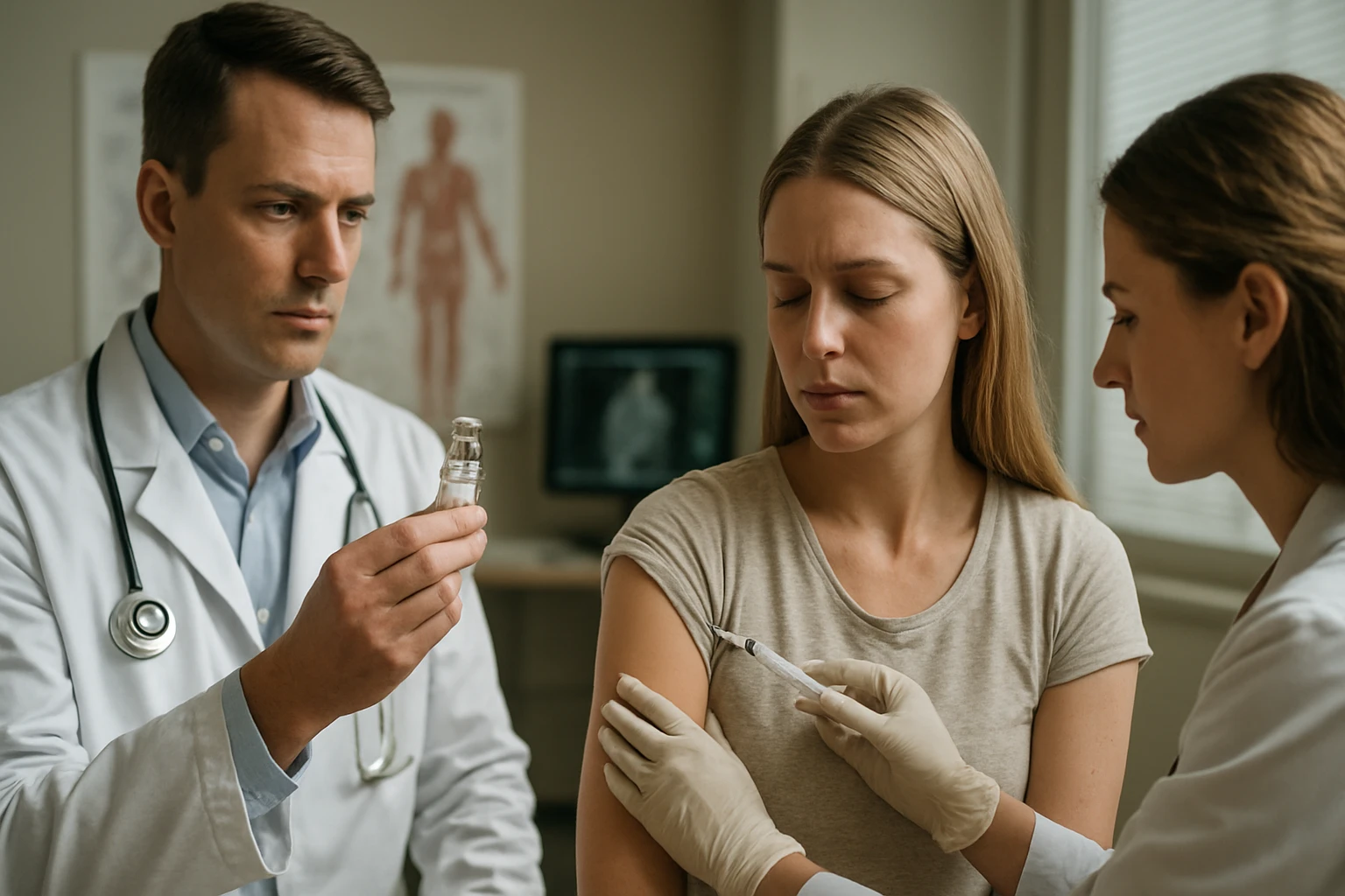 Egy orvos és egy nővér oltást készít elő egy fiatal nő karján.