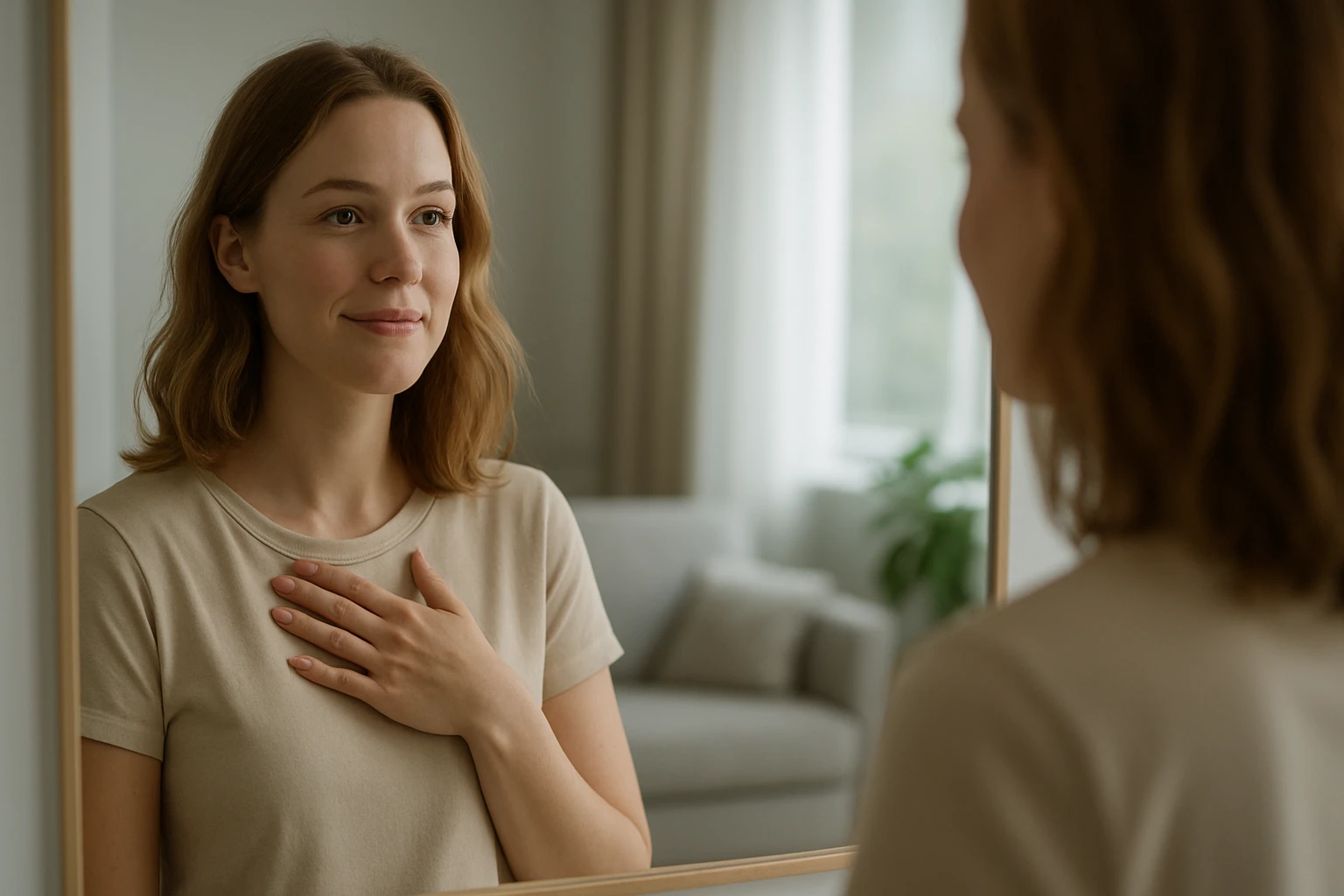 Egy fiatal nő a tükör előtt áll, kezét a szívén tartja, mosolyog.