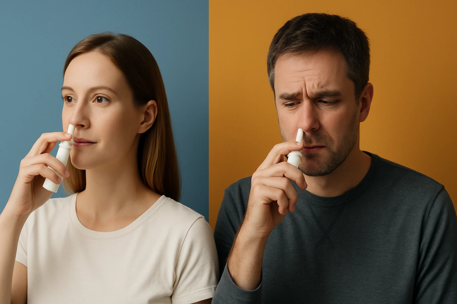 Egy nő és egy férfi orrspray-t használnak, különböző háttérszínekkel.