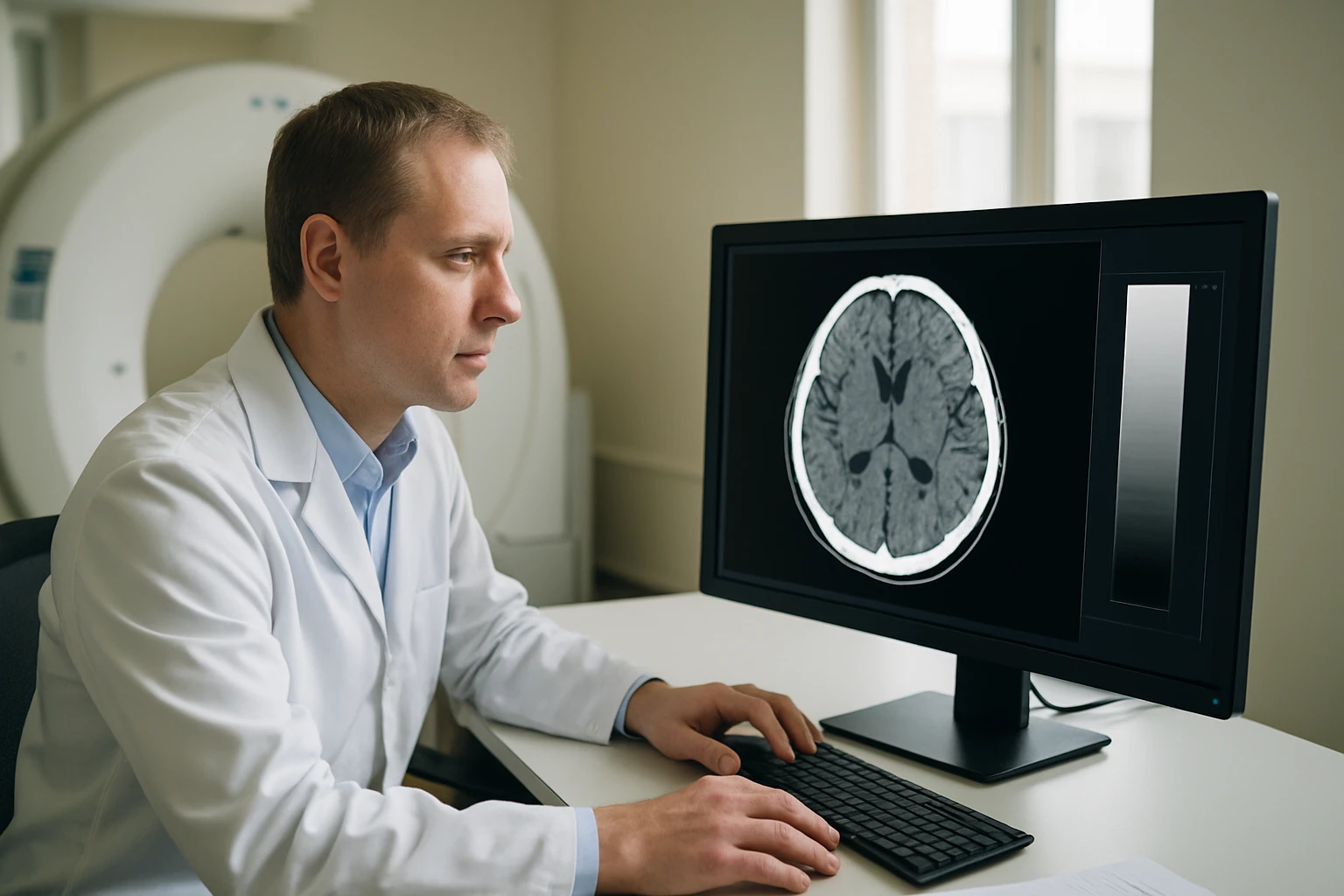 Egy orvos CT felvételt néz a számítógépén, figyelmesen elemzi az agyi képet.