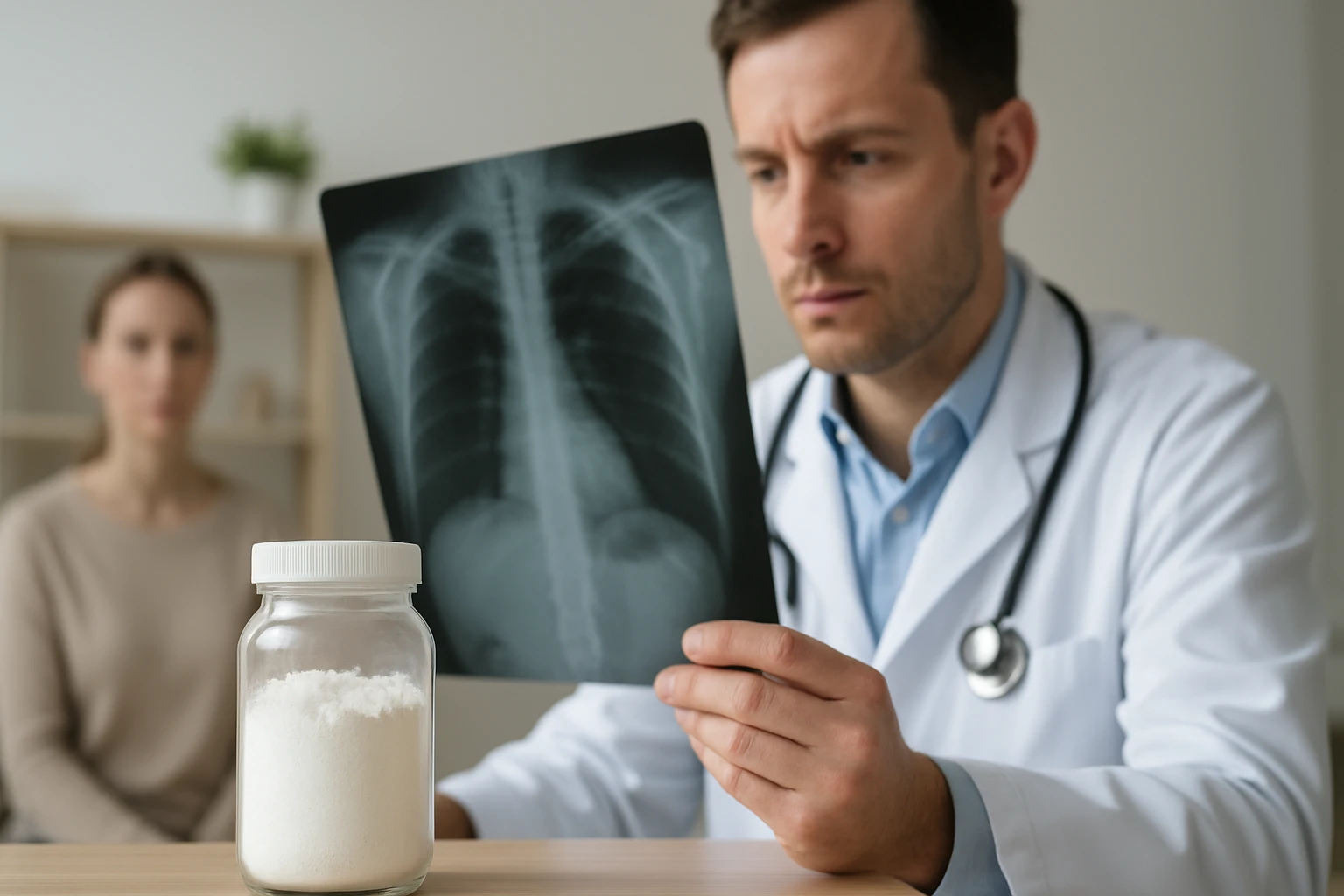 Egy orvos röntgenfelvételt néz, miközben egy üvegpor áll a asztalon.