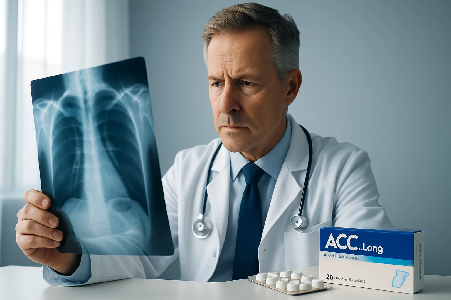 Egy orvos röntgenfelvételt néz, komoly arckifejezéssel, a háttérben gyógyszerek.