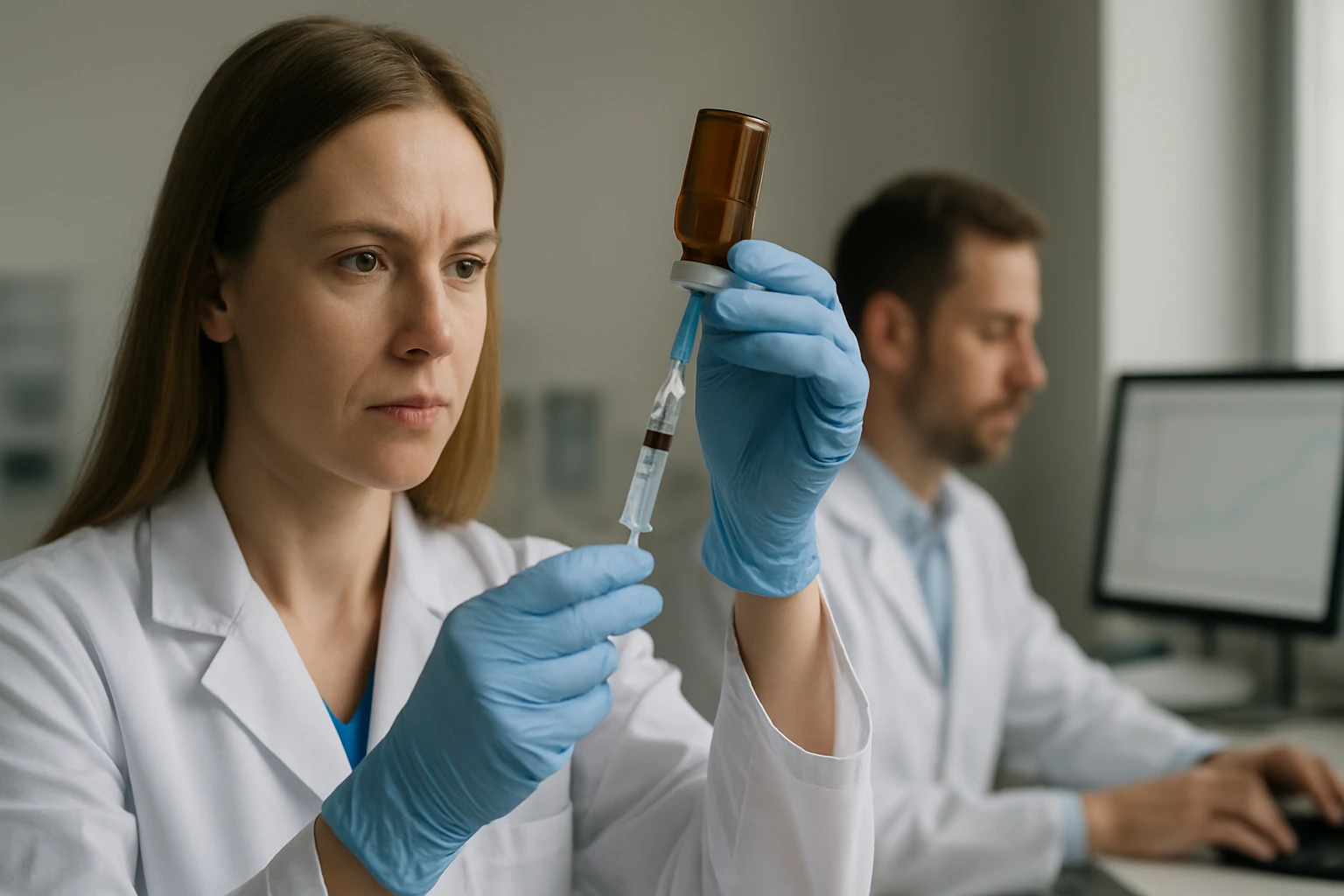 Egy női orvos, kék kesztyűben, injekciós tűt készít elő egy laboratóriumban.