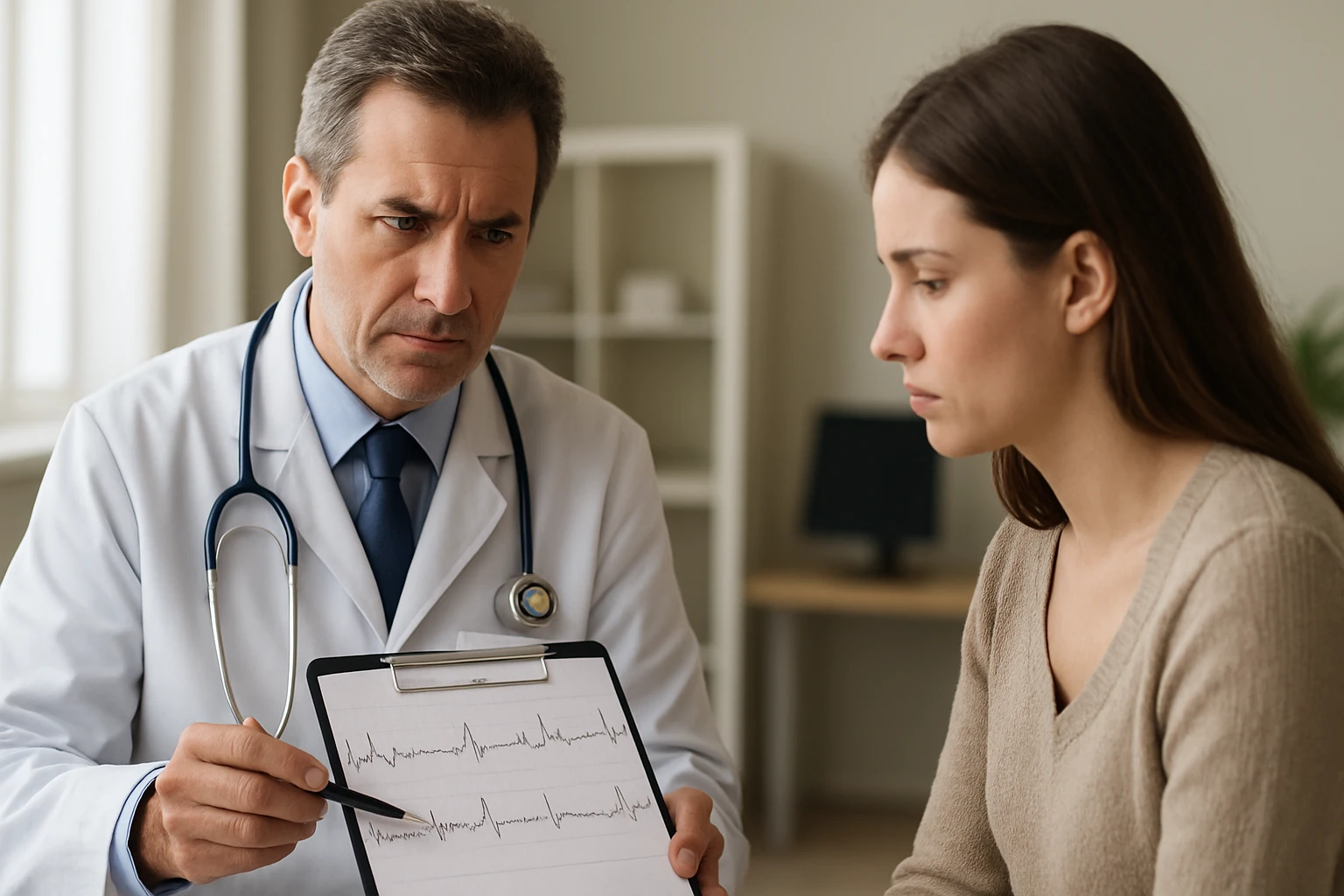 Orvos és beteg beszélgetése, a nő aggodalommal figyeli az orvost.