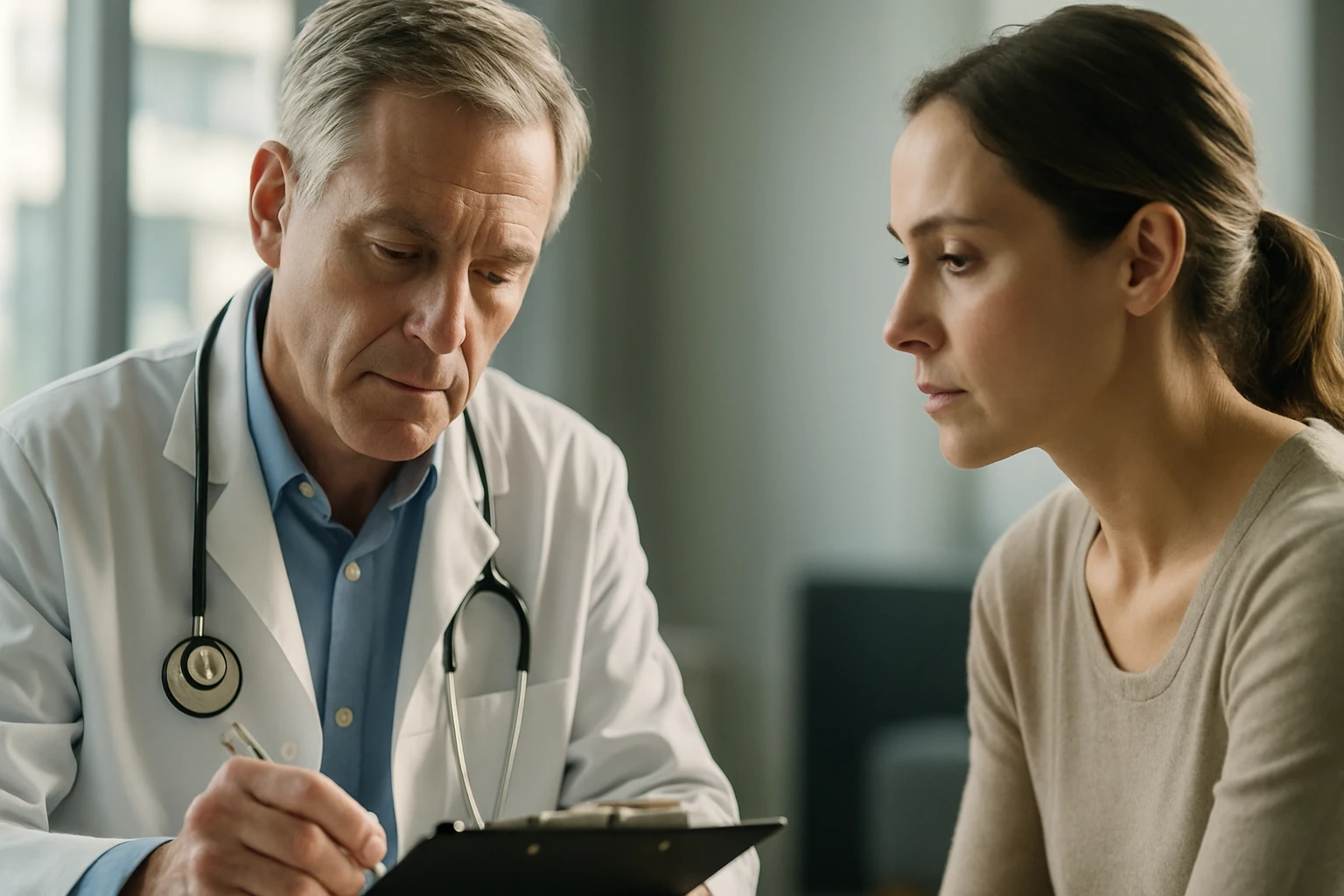 Egy orvos és egy nő beszélgetnek, az orvos jegyzetel a páciense előtt.