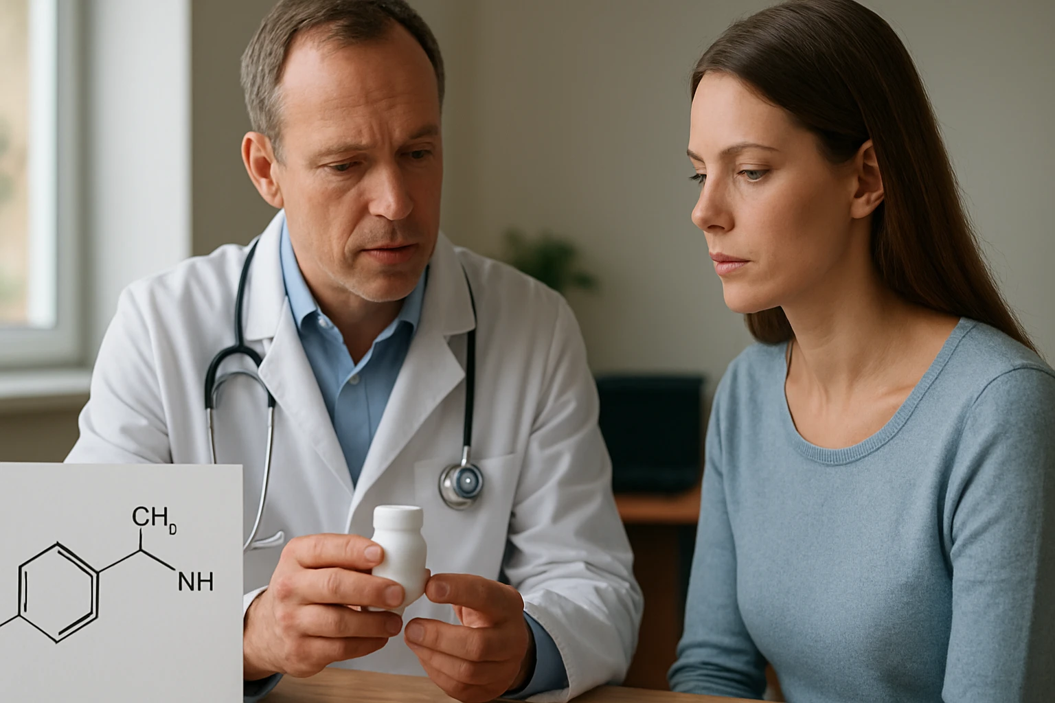 Egy orvos és egy nő beszélgetnek gyógyszerről, a nő figyelmesen hallgat.