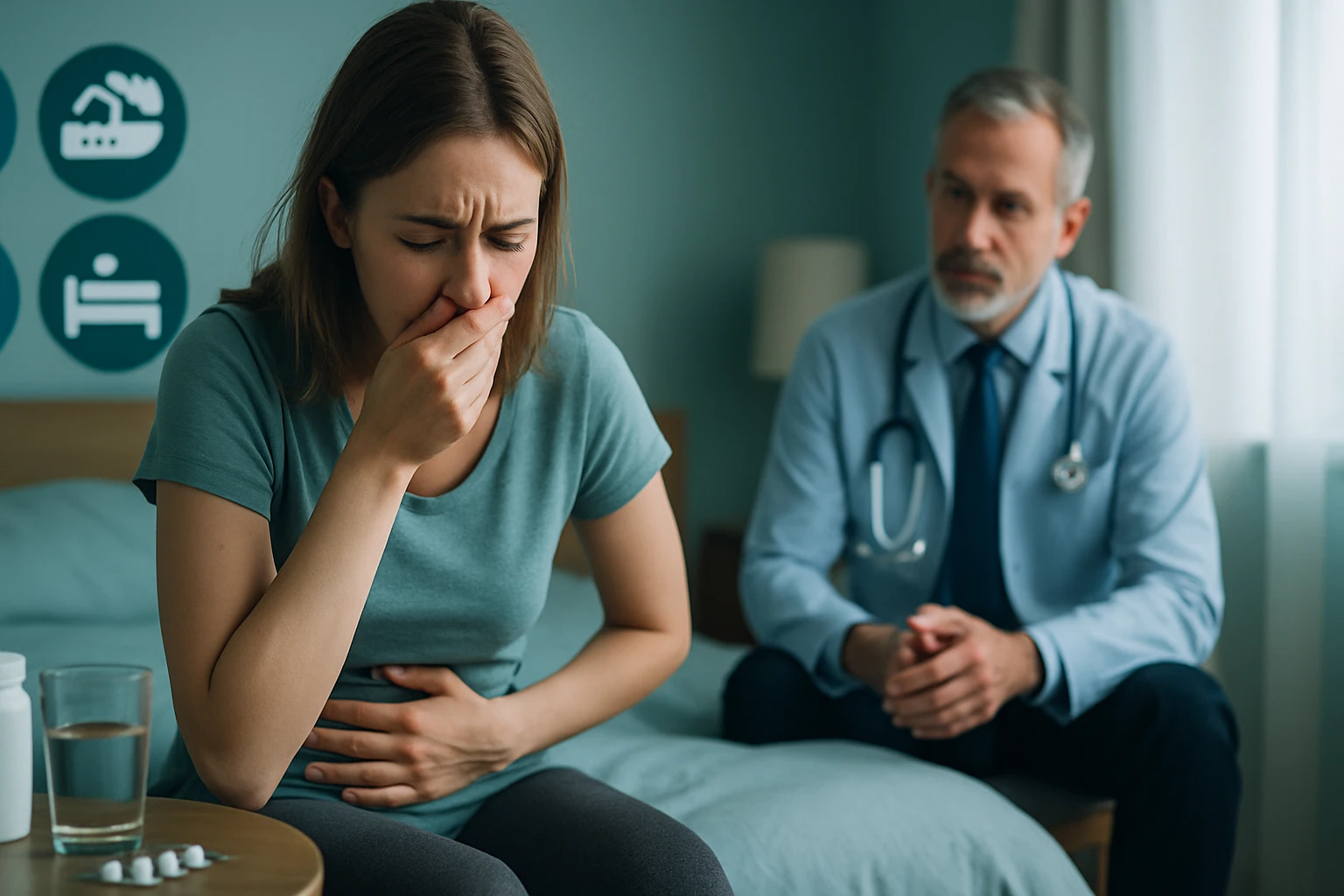 Egy fiatal nő fájdalmas arccal ül az ágyon, míg orvosa figyeli.