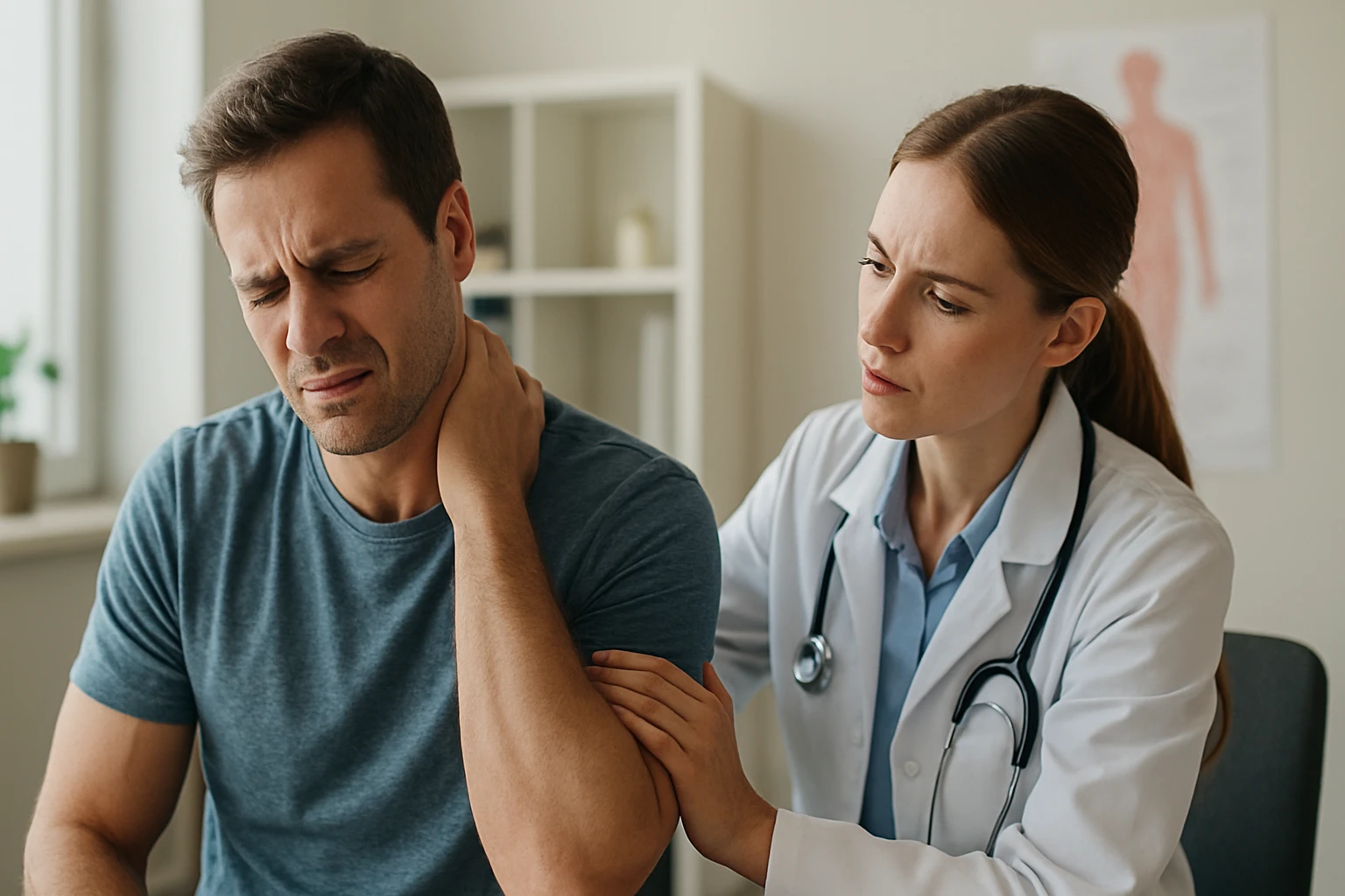 Egy férfi fájdalmas arccal a nyakát fogja, míg egy női orvos figyelmesen nézi.