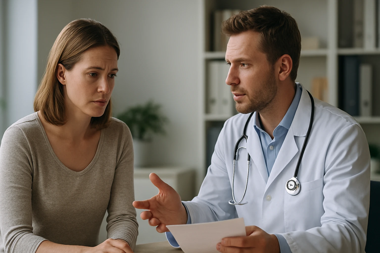 Egy orvos és egy nő beszélgetnek, az orvos papírokat mutat a nőnek.