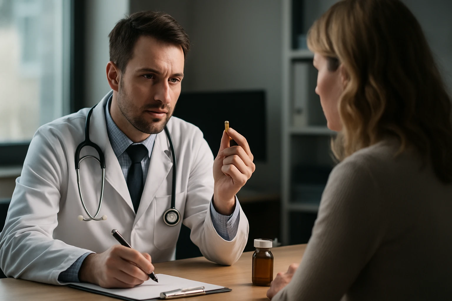 Egy orvos gyógyszert mutat be egy páciensének, miközben jegyzetel.