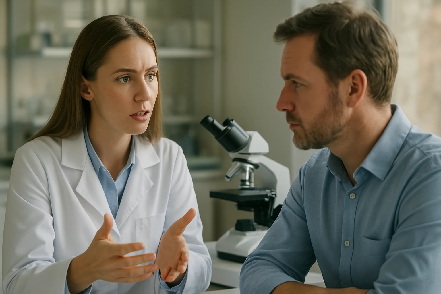 Egy orvos és egy férfi beszélget egy laboratóriumban, miközben a mikroszkóp látható a háttérben.