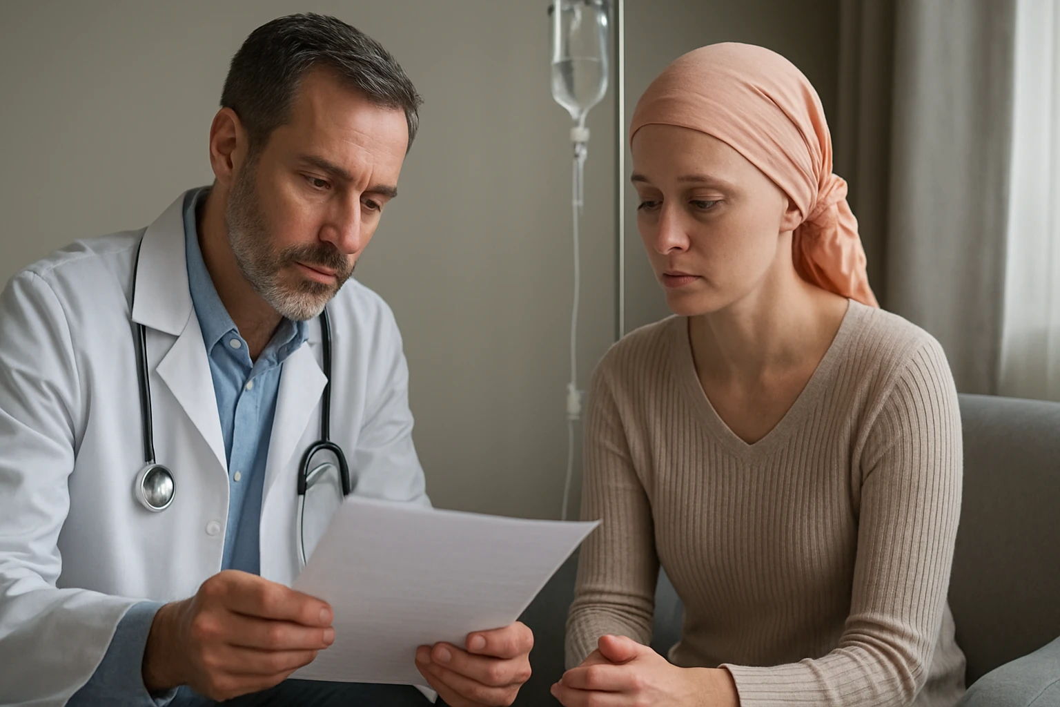 Egy orvos és egy fiatal nő beszélget, miközben a nő rákos betegségben szenved.