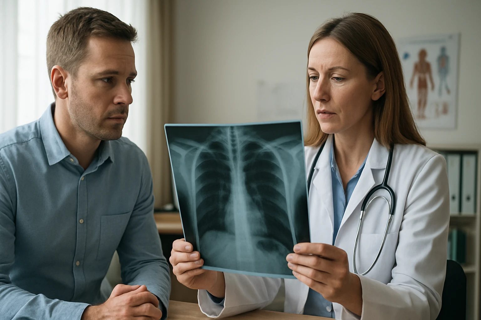 Egy orvos és egy férfi, akik egy röntgenfelvételt néznek a rendelőben.