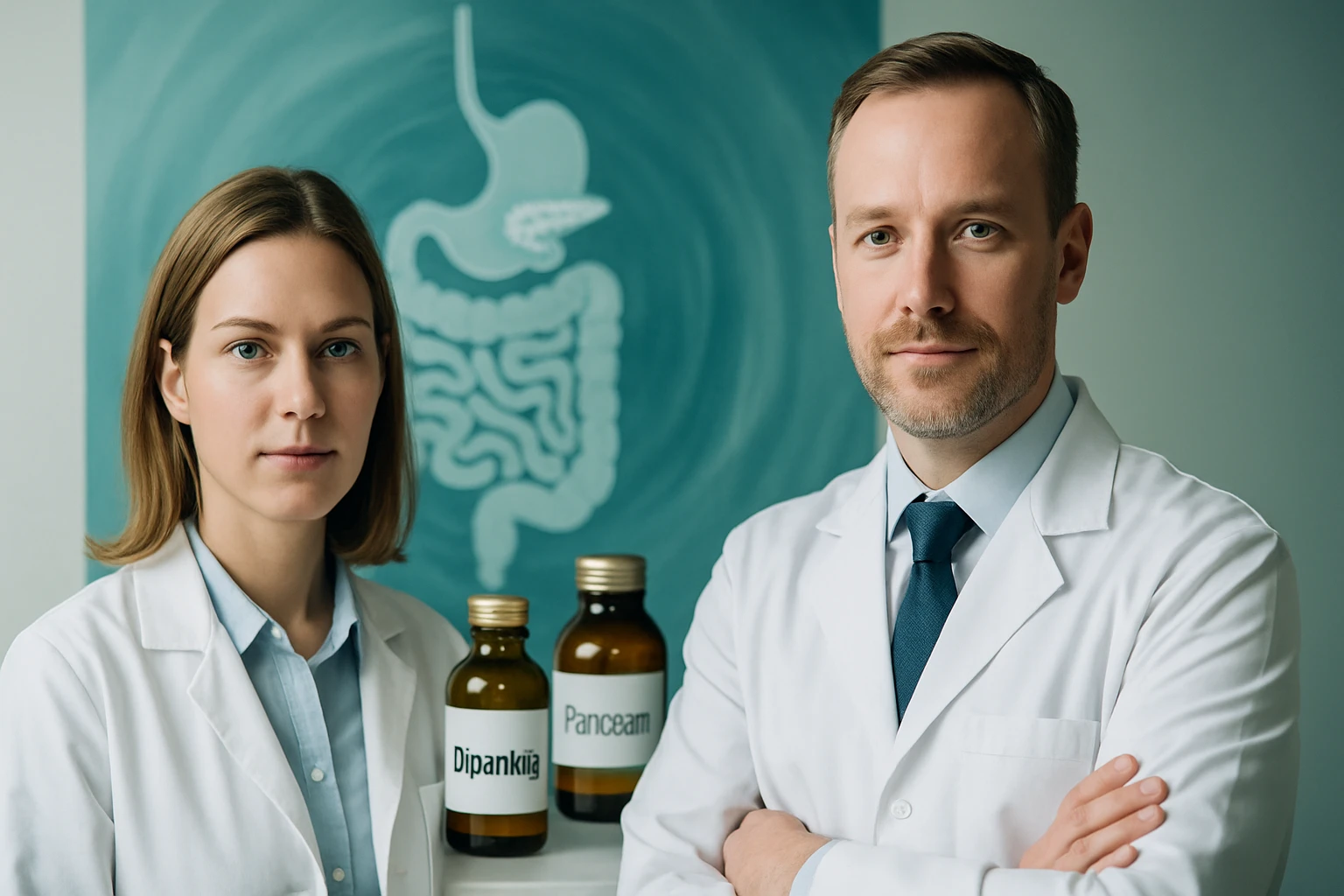 Két orvos fehér köpenyben, háttérben emésztőrendszer ábrázolással és gyógyszerekkel.