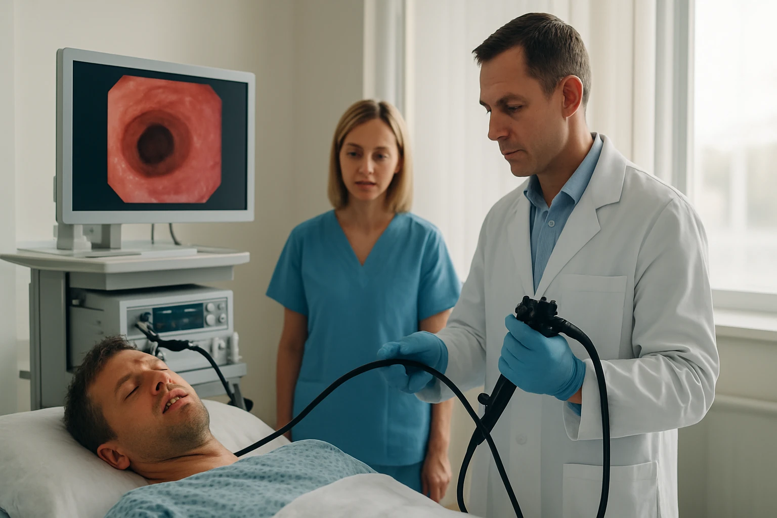 Egy orvos endoszkópot tart a kezében, miközben egy páciens fekszik az ágyon.