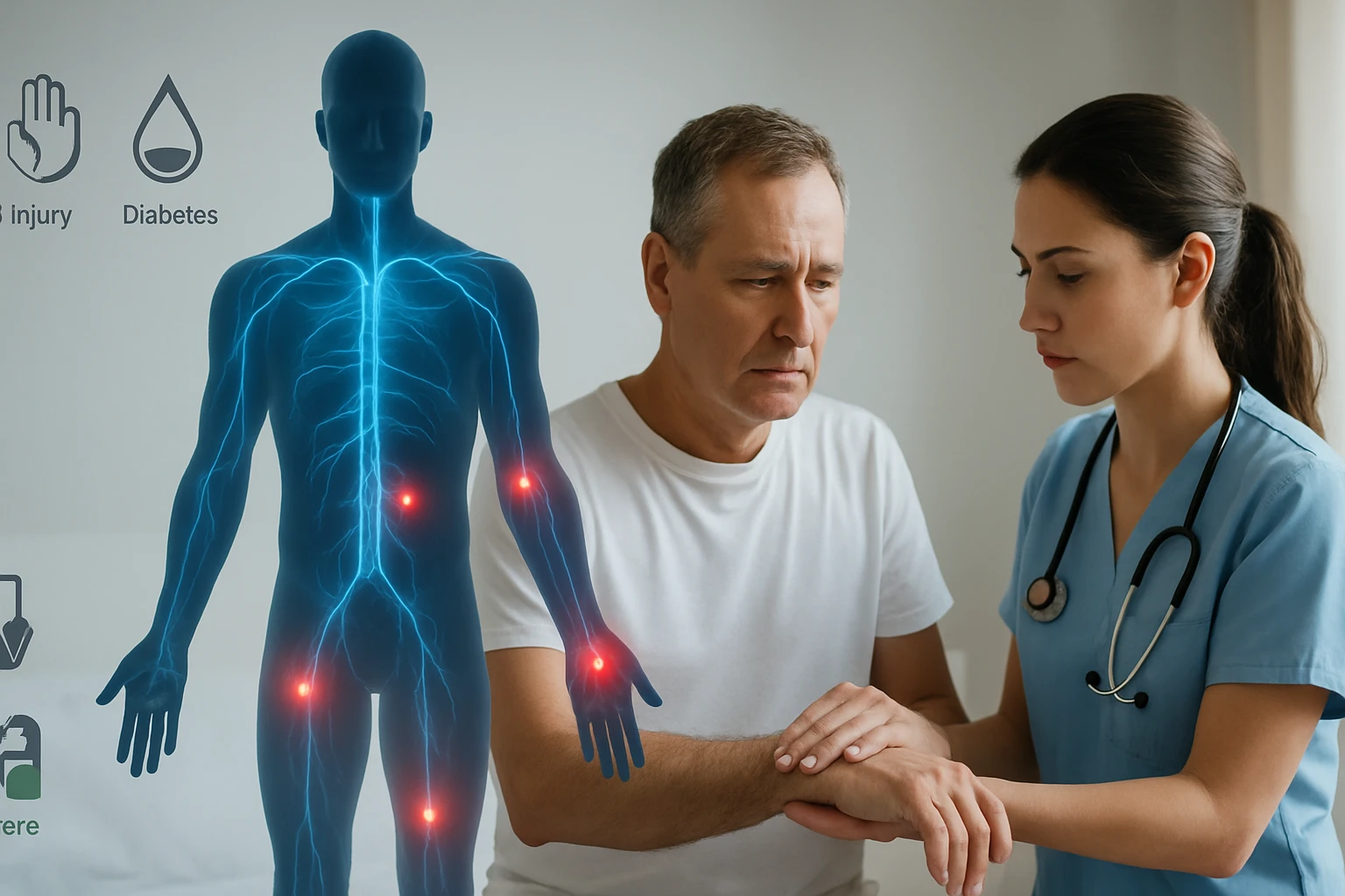 Egy orvos vizsgálja a beteg csuklóját, miközben a háttérben egy emberi test látható.