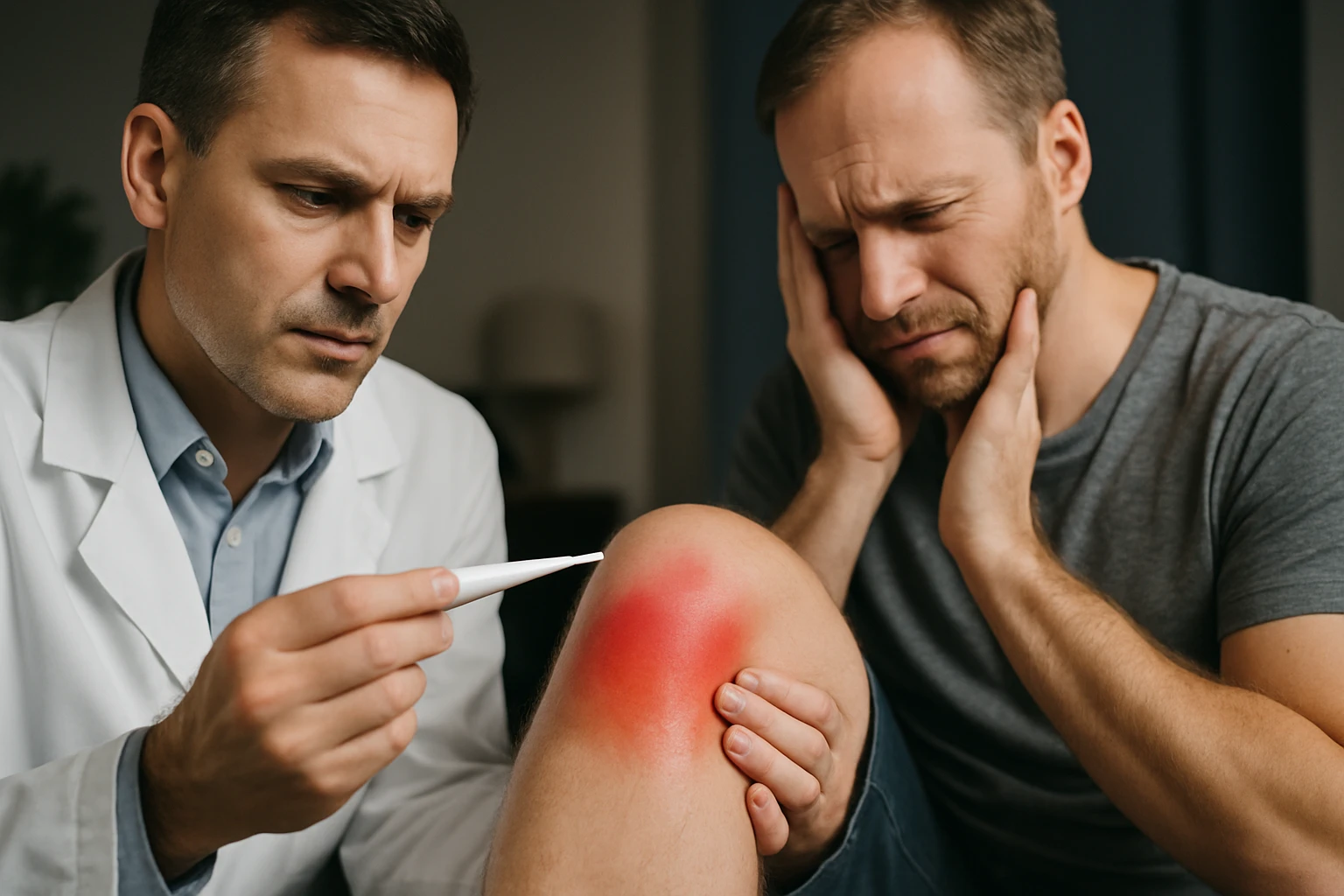 Egy orvos megvizsgálja a fájó térdét egy betegnek, aki aggódik.